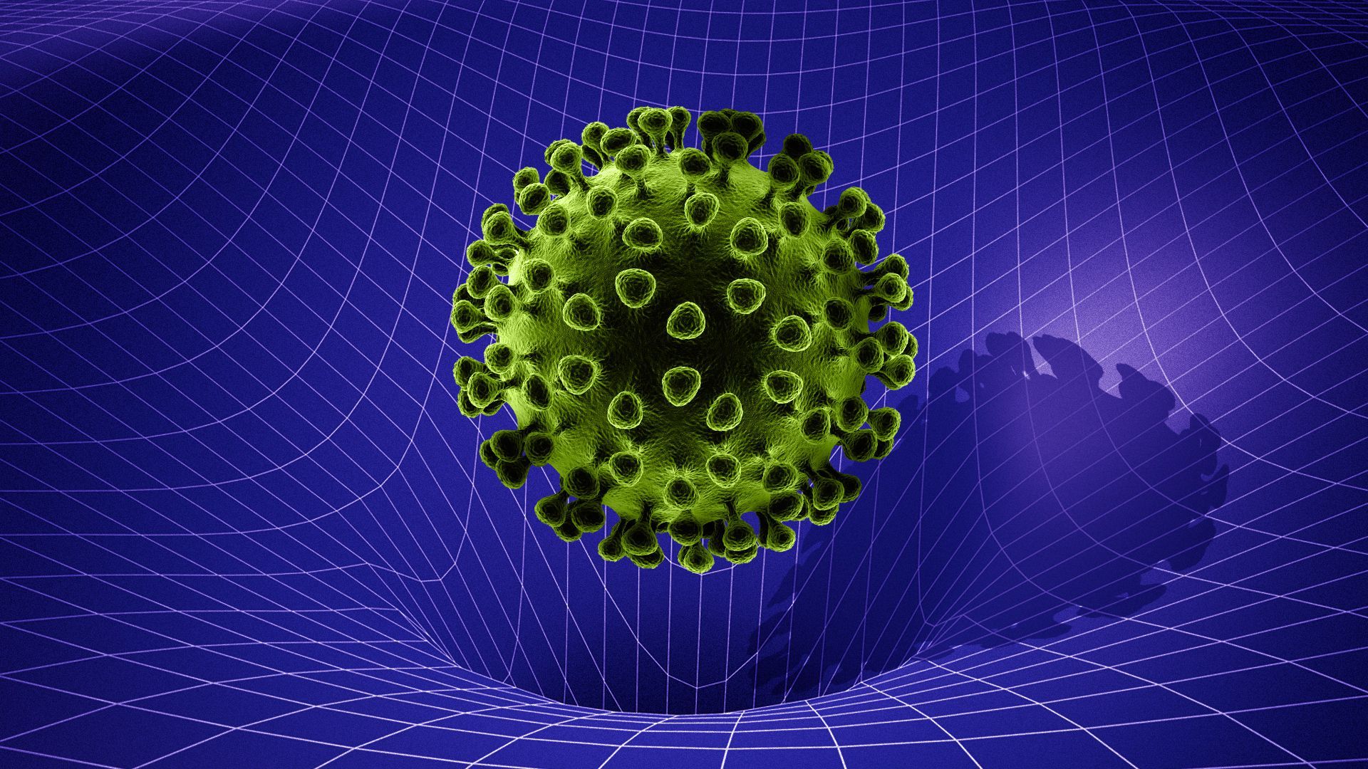 Illustration of a coronavirus cell falling into a time warp.  