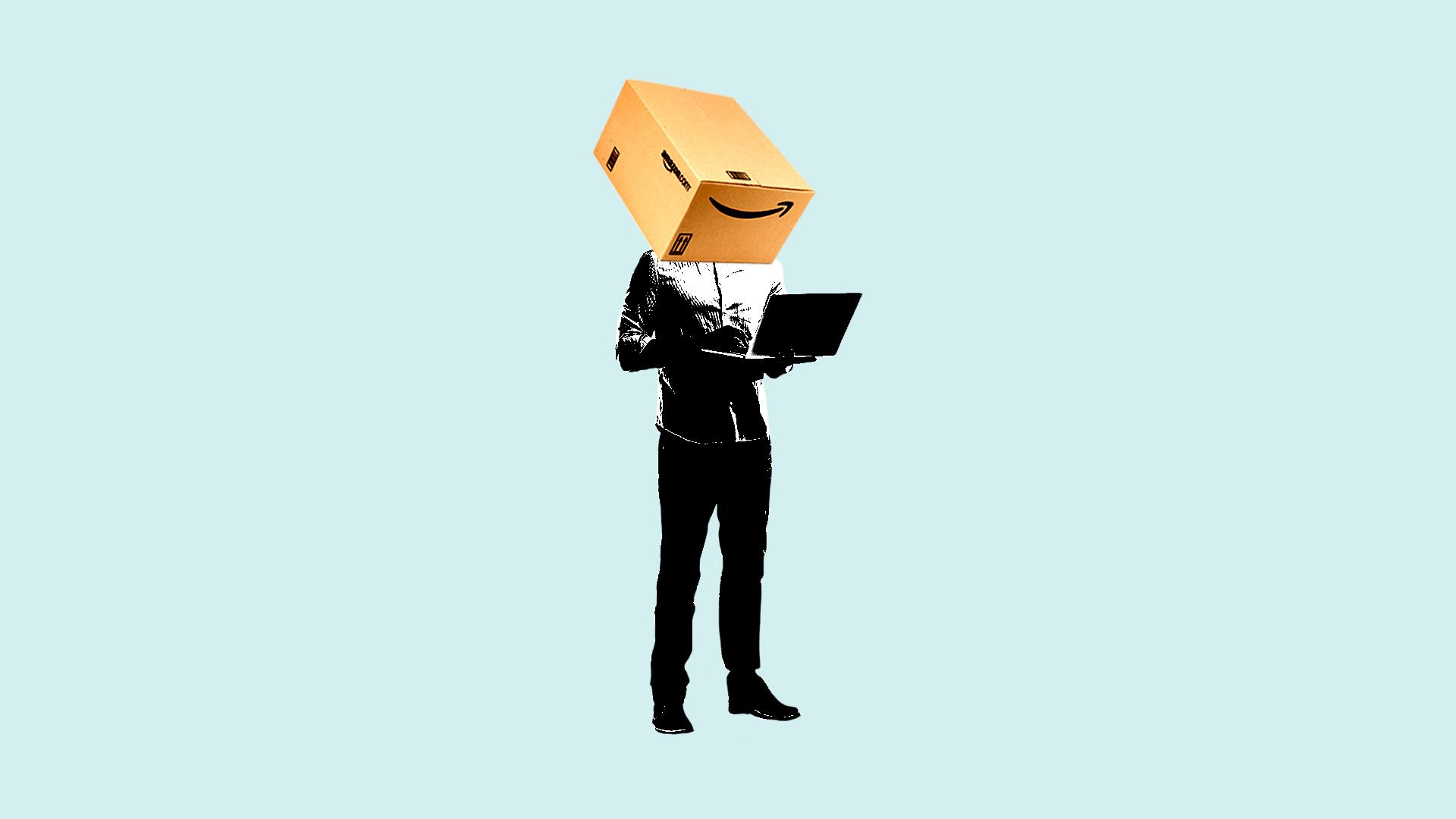 An illustration of a man with an Amazon box for a head working on a laptop.