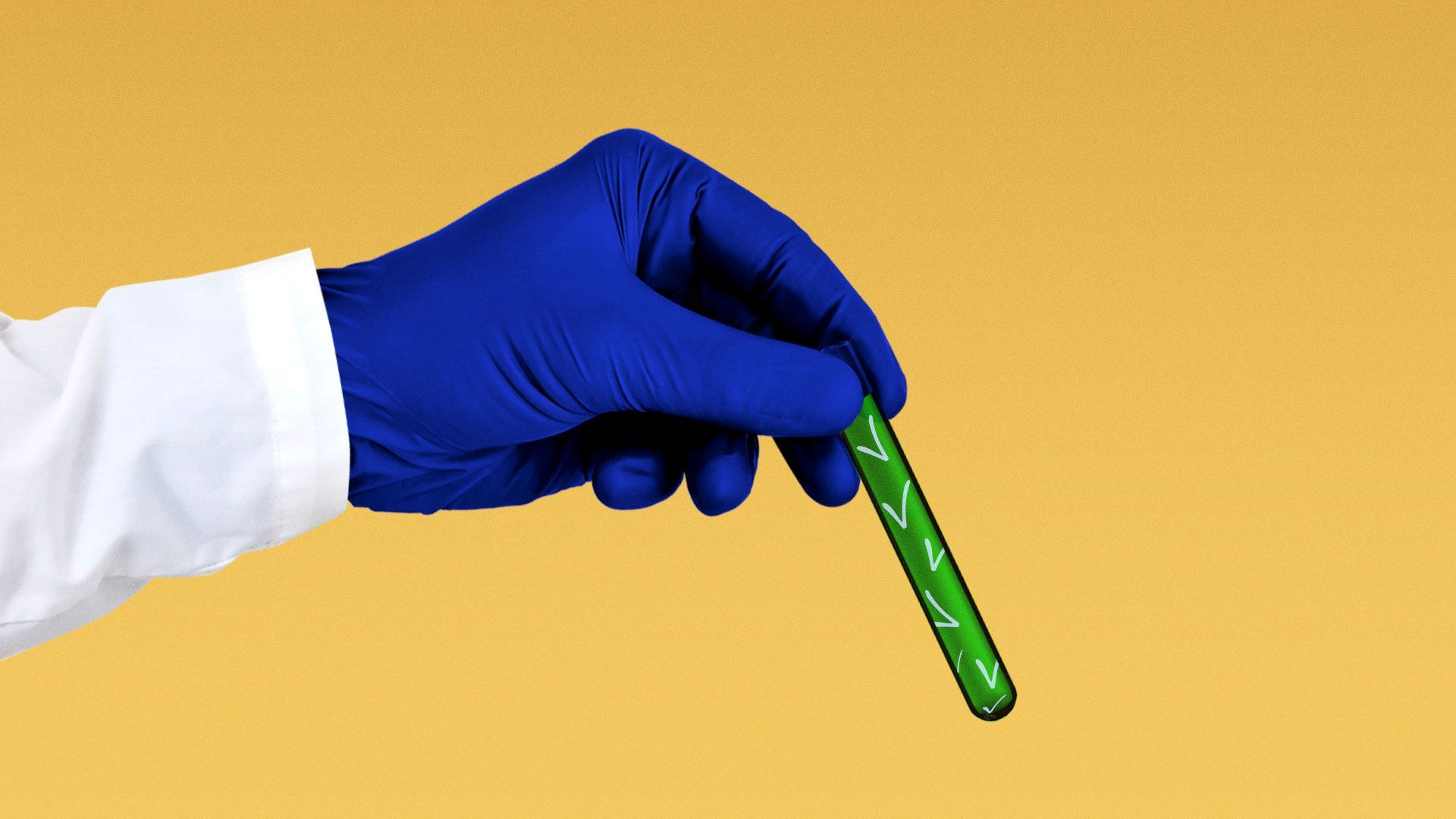 Illustration of gloved hand holding test tube with checkmarks