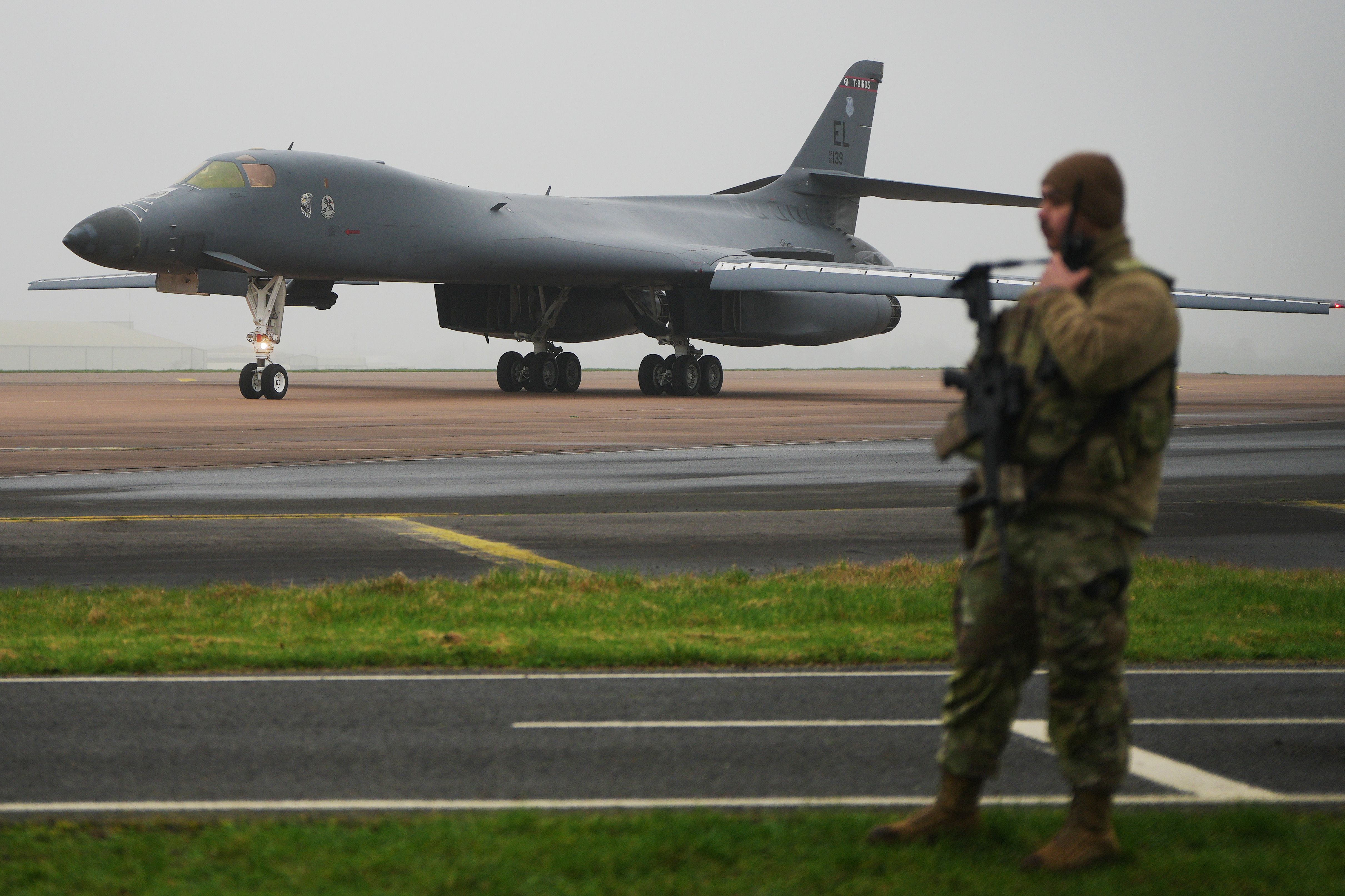 A B-1 Lancer lands at RAF Fairford in England earlier this year.