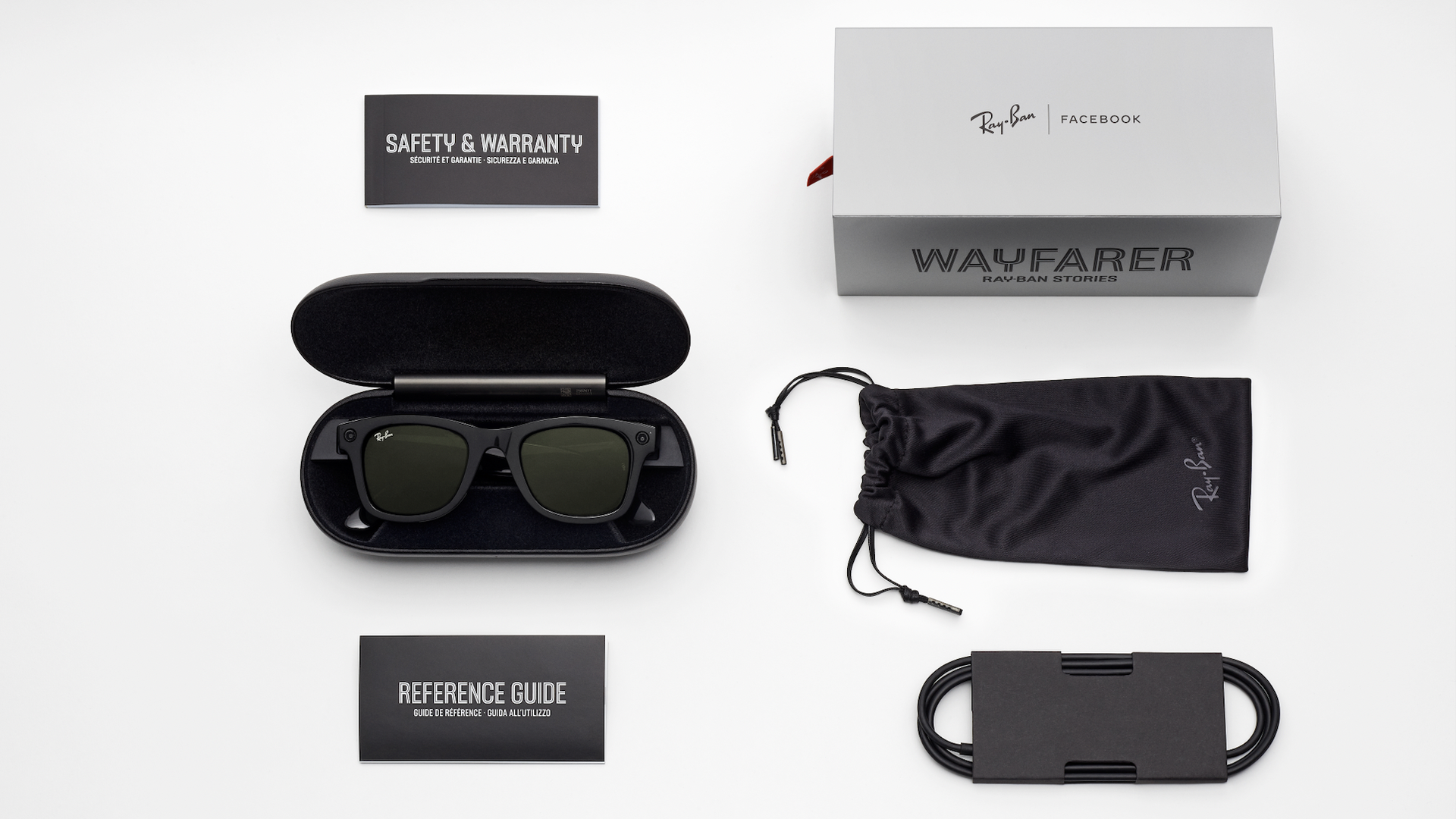 The Wayfarer version of Ray-Ban Stories smart glasses, along with accompanying packaging and accessories