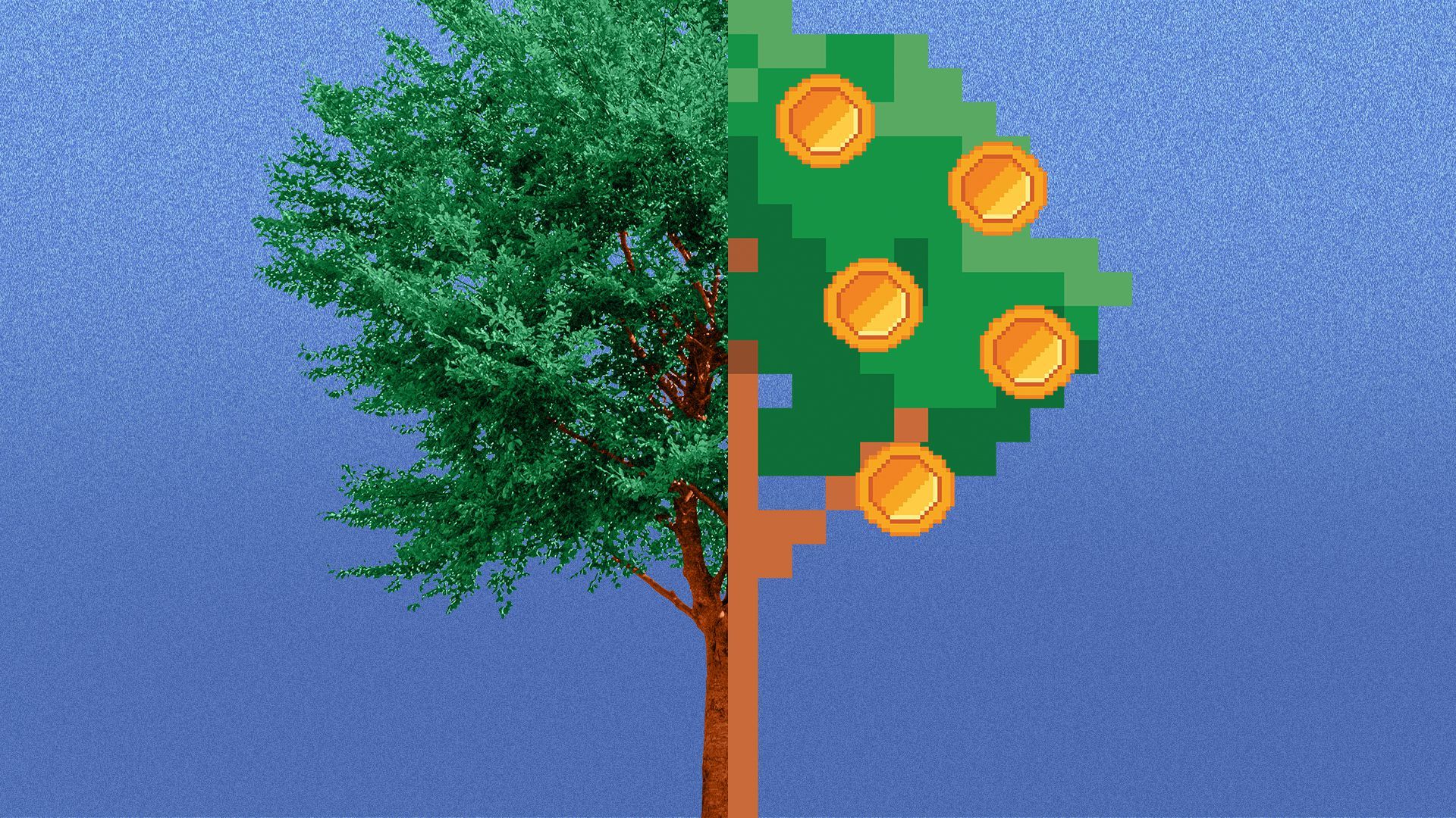 Illustration of a tree that is half real and half pixels with pixel coins.