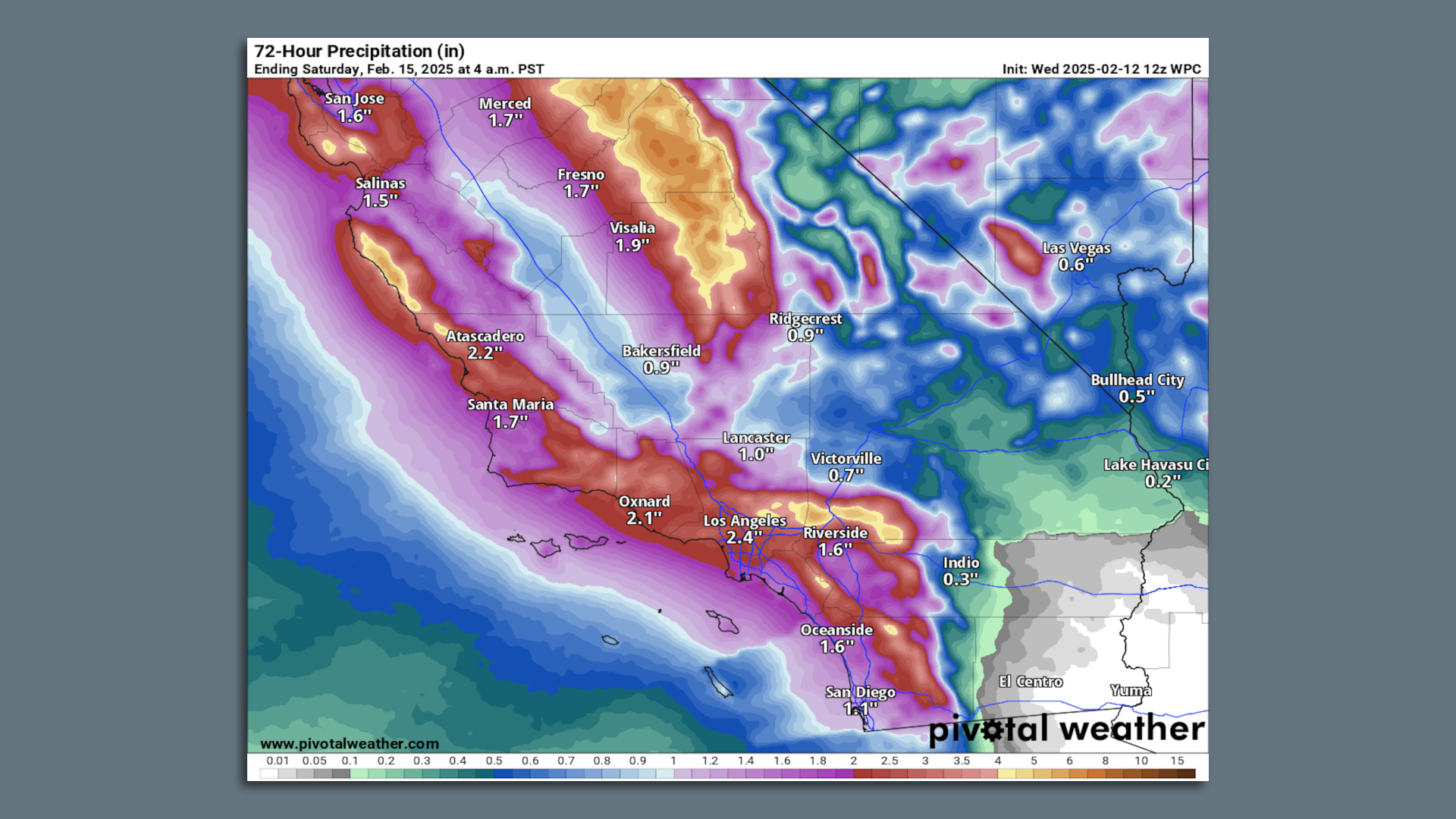 Map of Southern California showing rainfall forecasts from the National Weather Service.