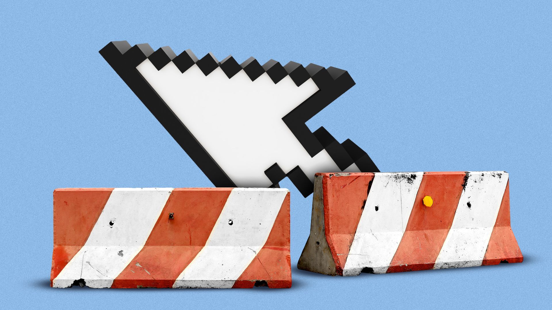 Illustration of a giant cursor with two concrete road work barriers in front of it. 