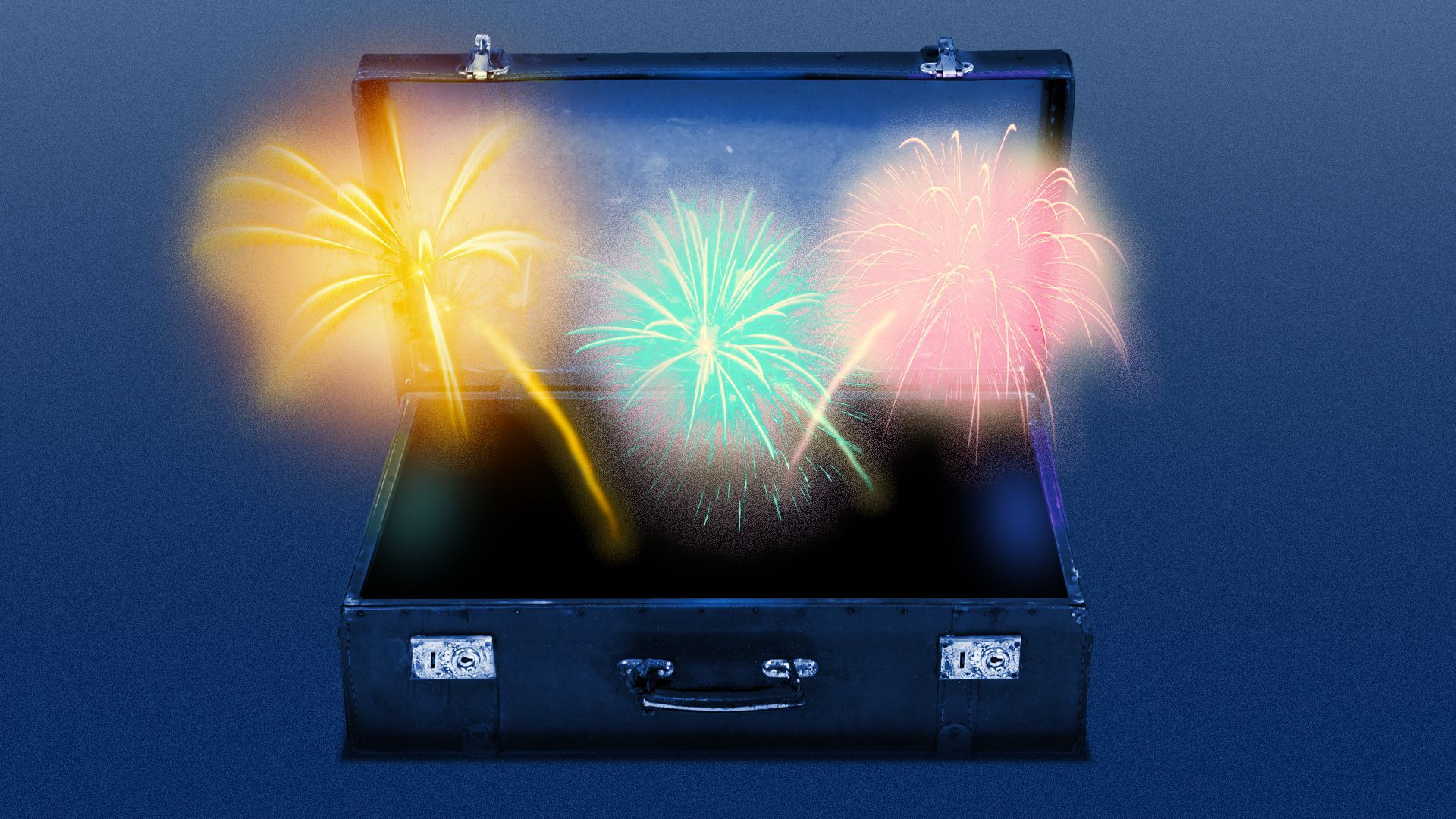 Illustration of an open briefcase with fireworks coming out.