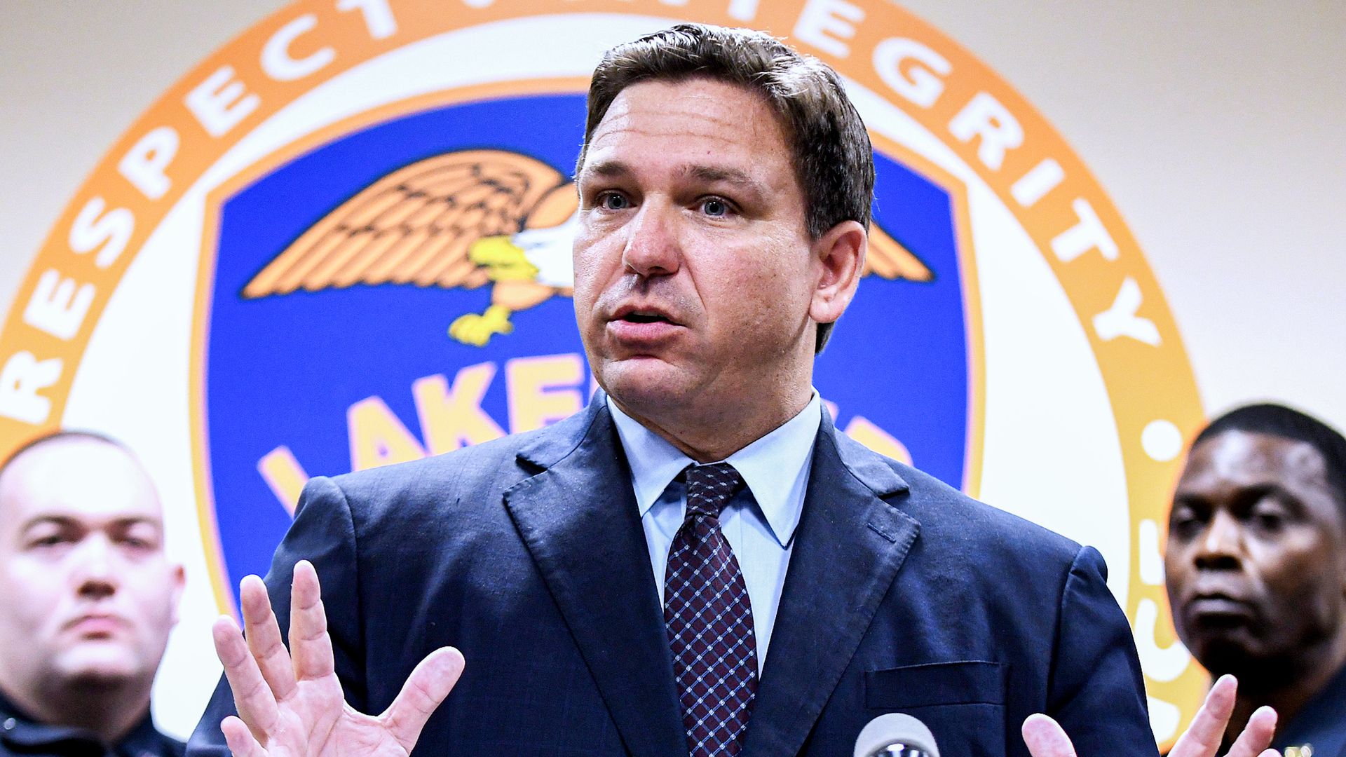 Florida Governor Ron DeSantis speaks at a press conference at the Lakeland, Florida Police Department