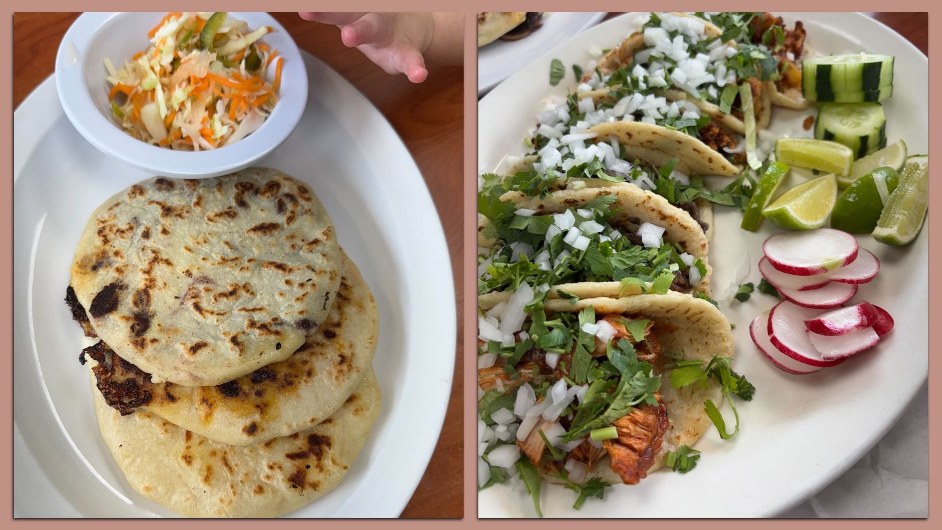 Two-panel plate: left shows stacked tortillas stuffed with meat and a bowl of cabbage-carrot slaw; right features tacos topped with onions and cilantro, with lime wedges, cucumber, and radish.