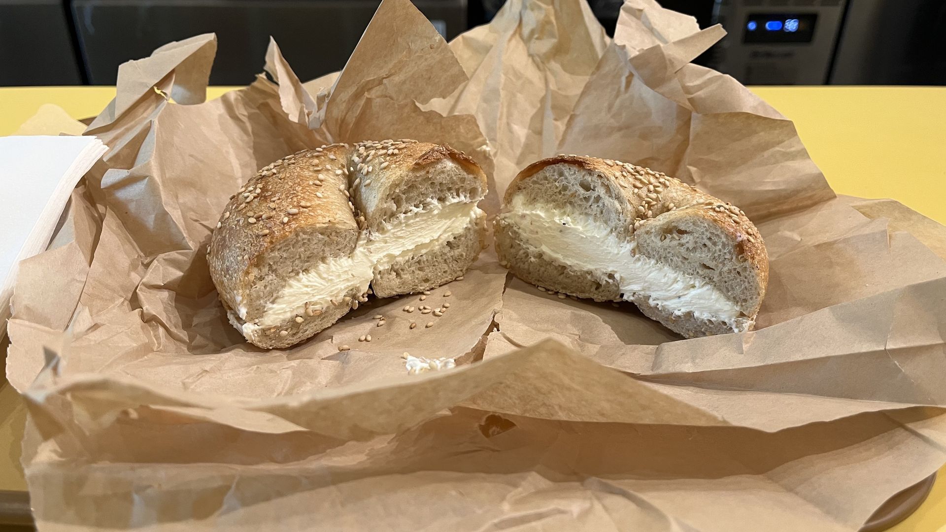Bev's sesame bagel with a schmear of plain cream cheese.