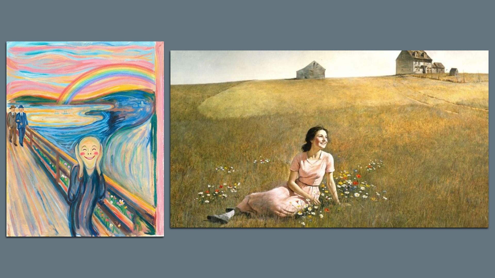 Two contrasting paintings: on the left, a colorful parody of Edvard Munch's "The Scream" with a smiling figure and rainbow; on the right, a serene scene of a woman in a pink dress sitting in a golden field with houses in the background.