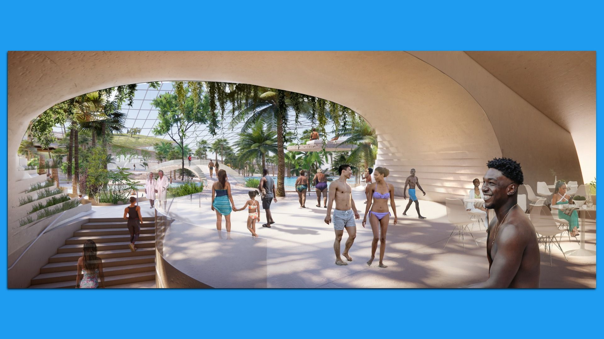 Indoor tropical courtyard beneath a curved beige arch and glass dome, lush palms and plants, with people in swimsuits walking, chatting, and lounging near a pool and seating.