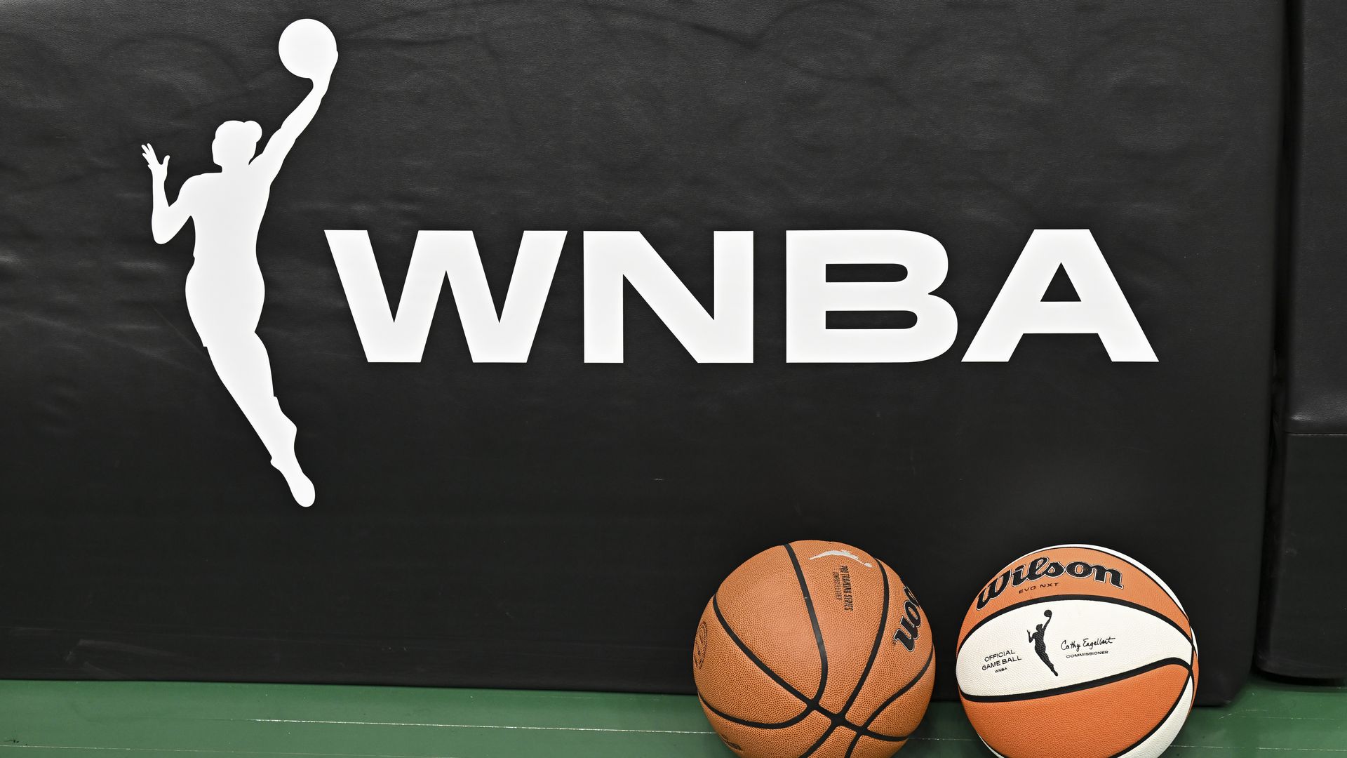 A photo of two basketballs side-by-side with the WNBA logo behind them.