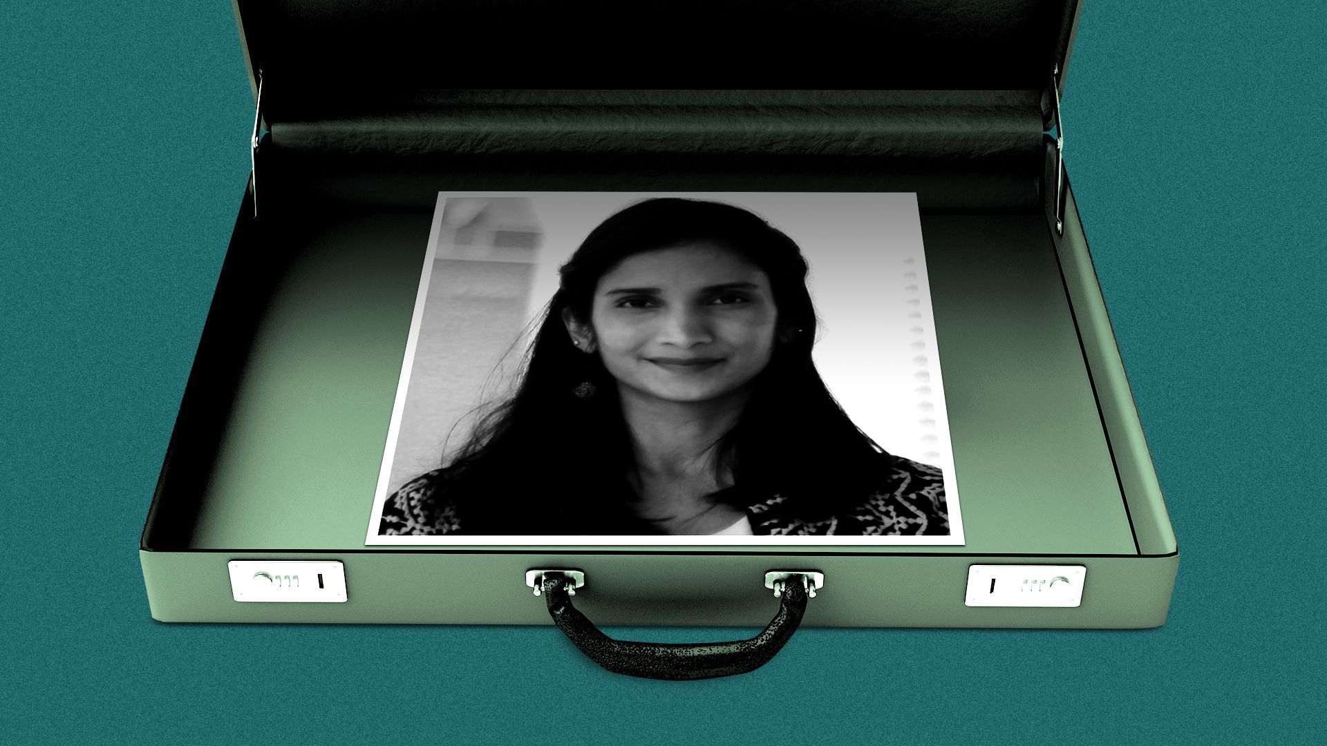 Photo illustration of a briefcase with a photo of Vaishnavi More inside.