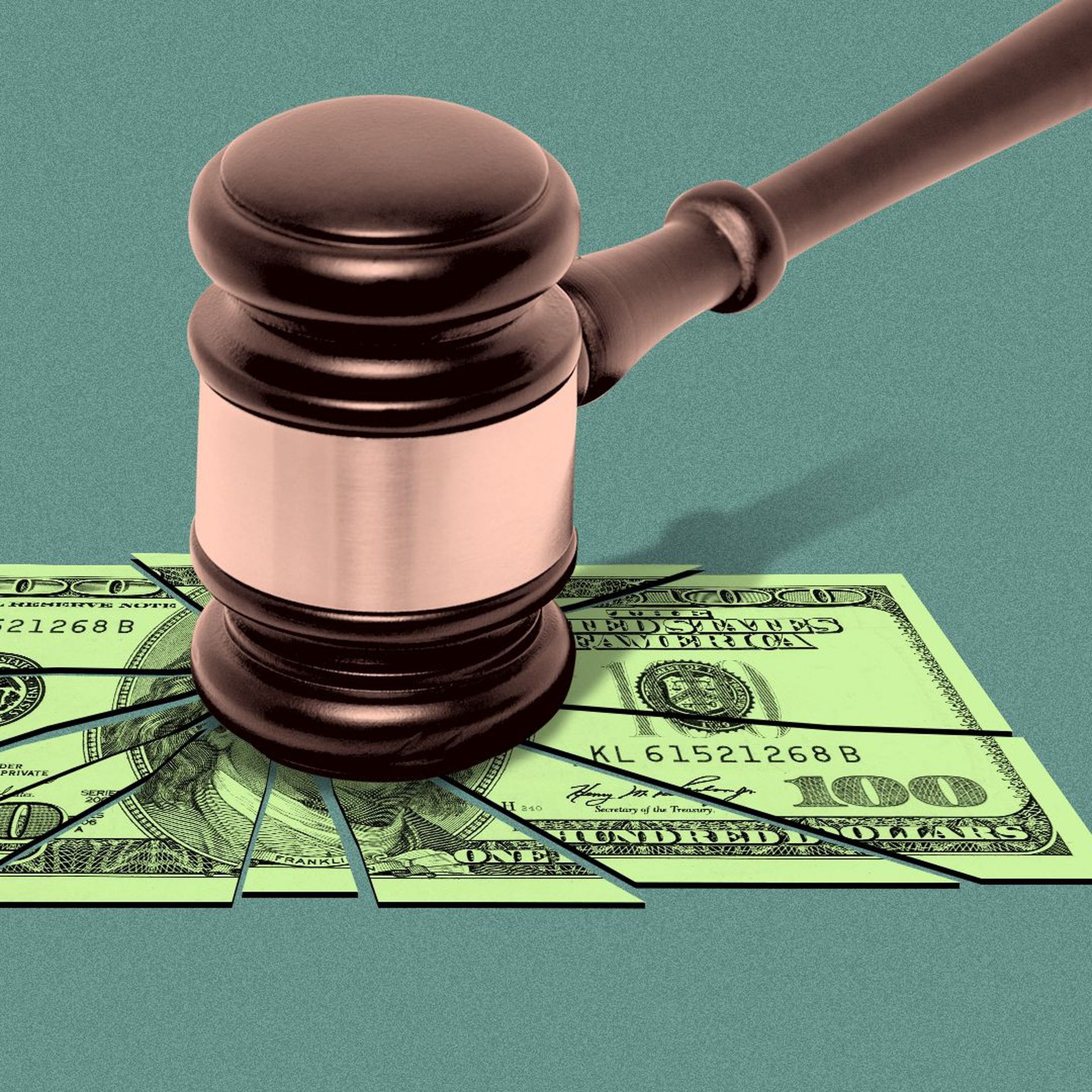 Illustration of a hundred-dollar bill being shattered by a gavel.