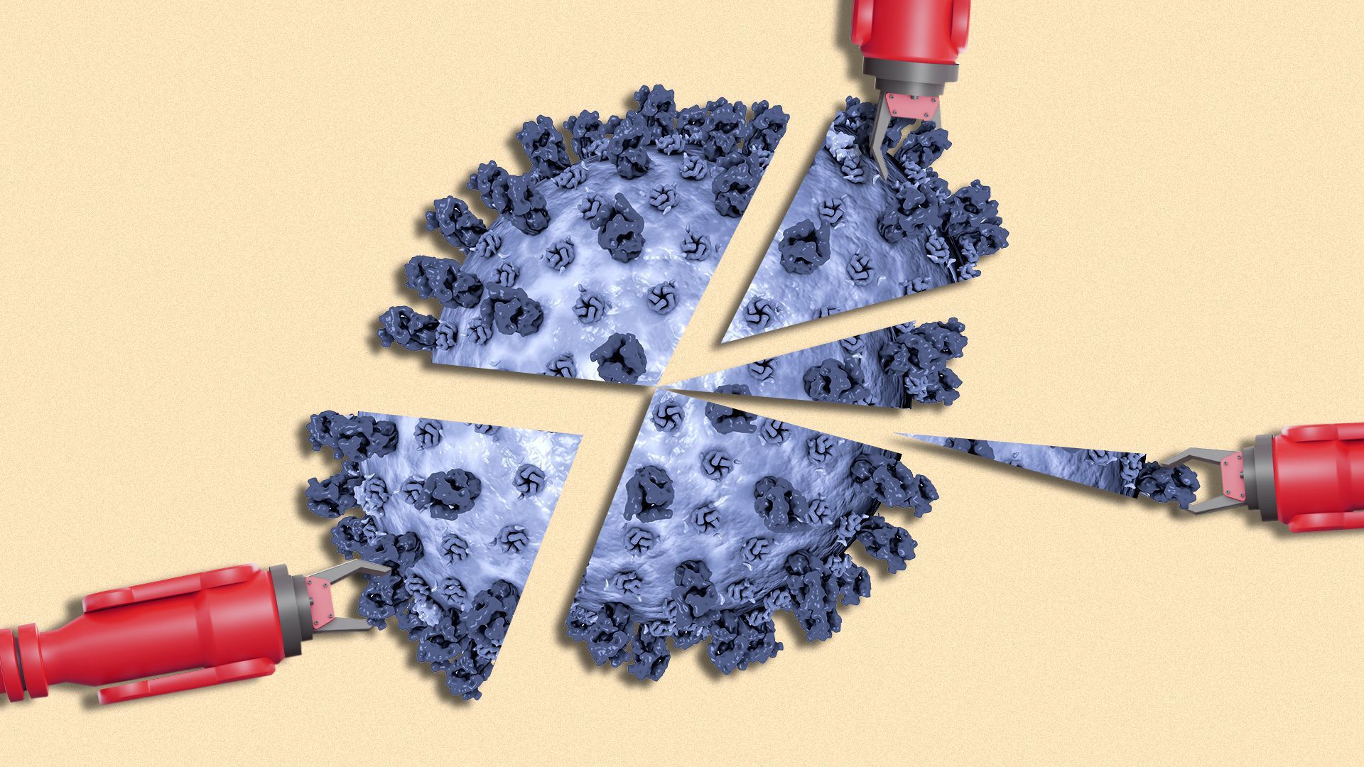 Illustration of robotic arms pulling apart a virus.