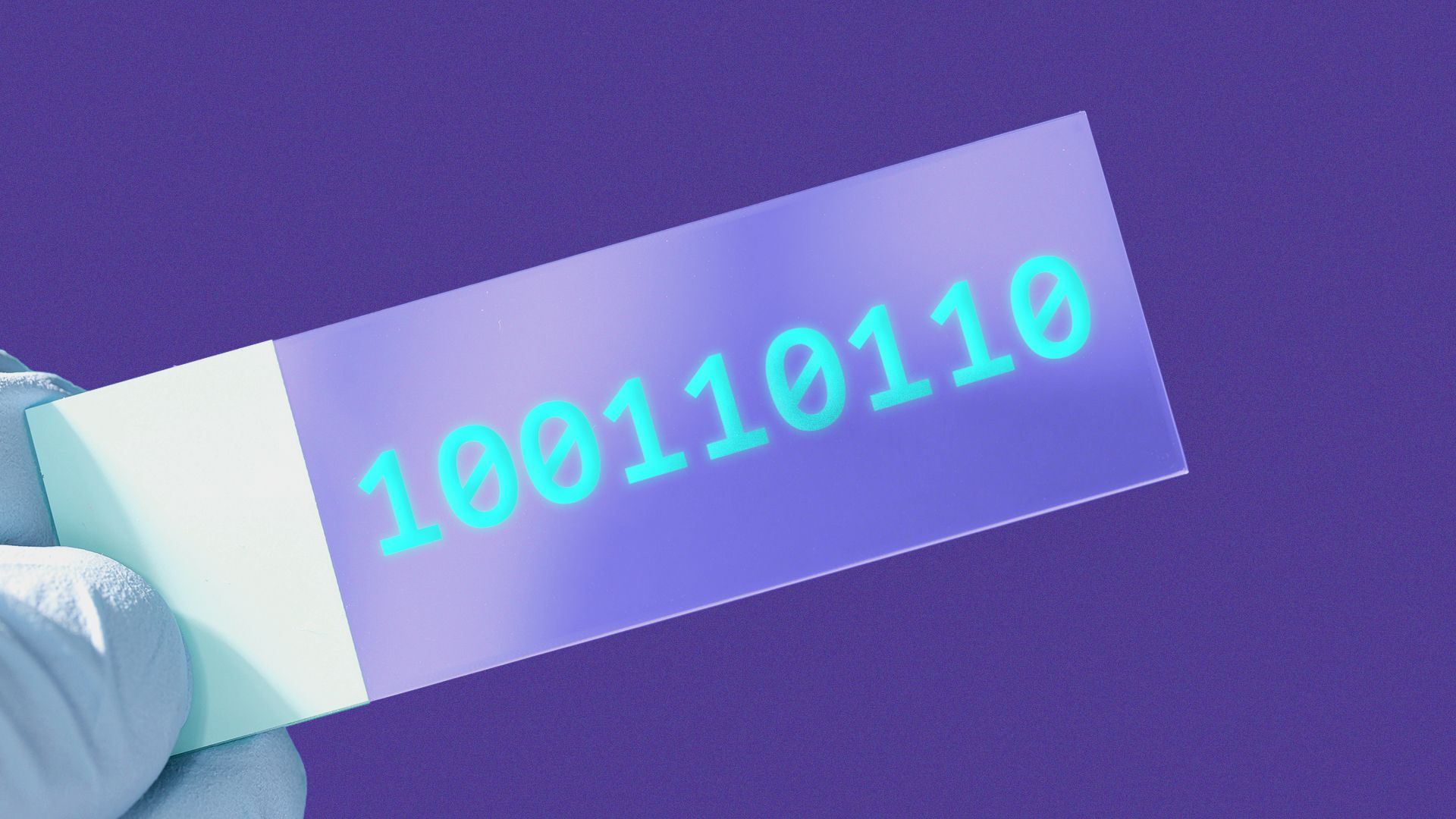 Illustration of a microscope slide with glowing binary code.