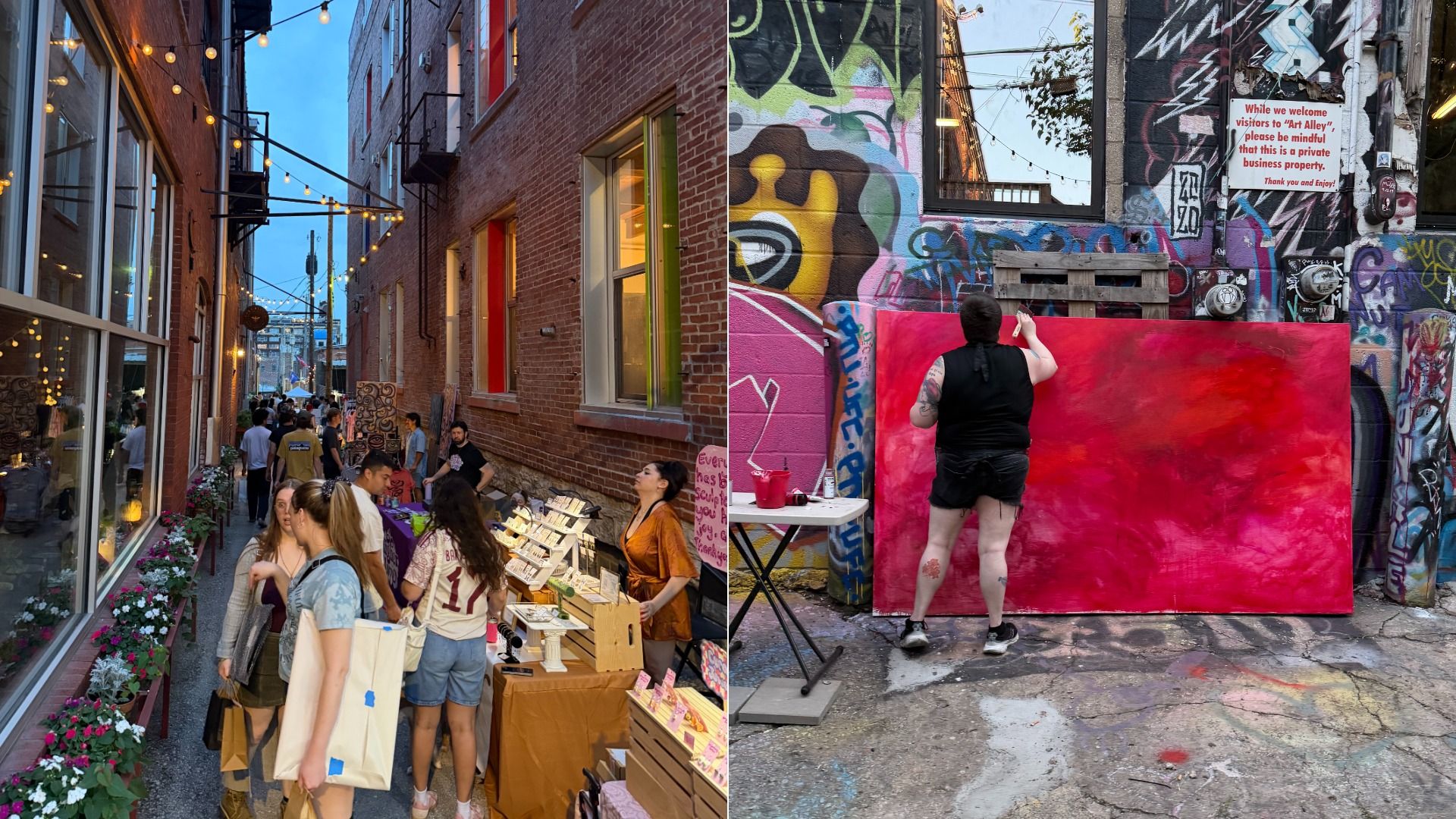 Split image: left a busy brick alley with string lights and market stalls; right a graffiti-covered wall with a person painting a large red panel, tattoos visible, and a private-property sign.