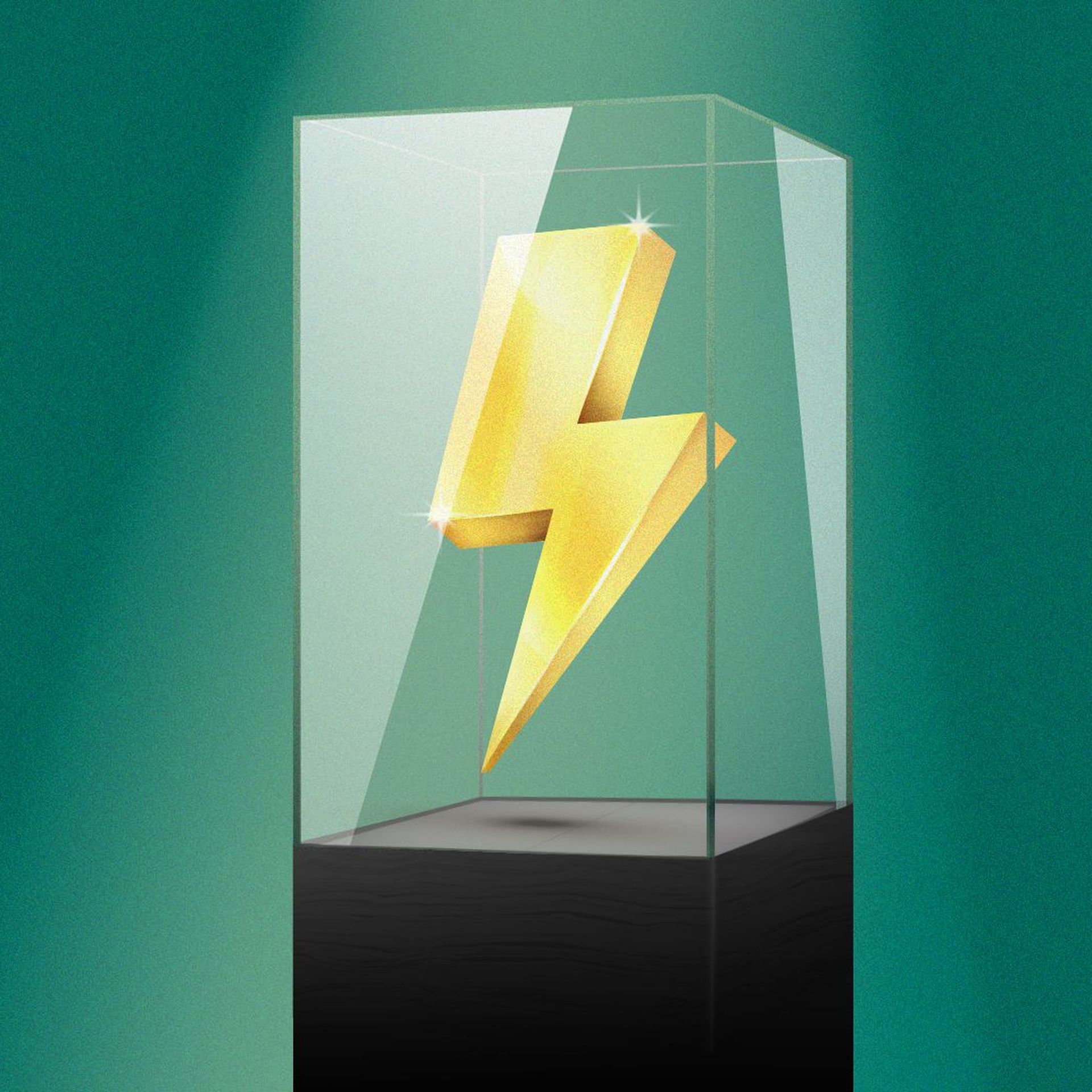 Illustration of an energy lightning bolt in a glass display case.