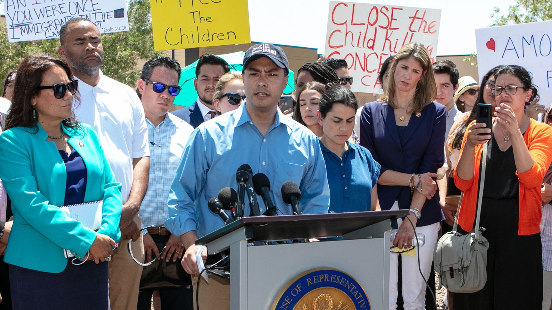 Rep. Joaquin Castro (D-TX) addresses the media after touring the Clint, TX Border Patrol Facility.