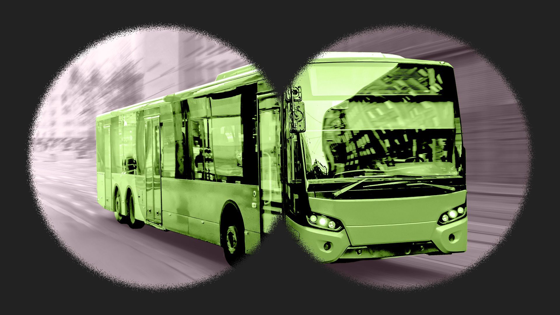 Illustration of a bus seen through the view of binoculars.