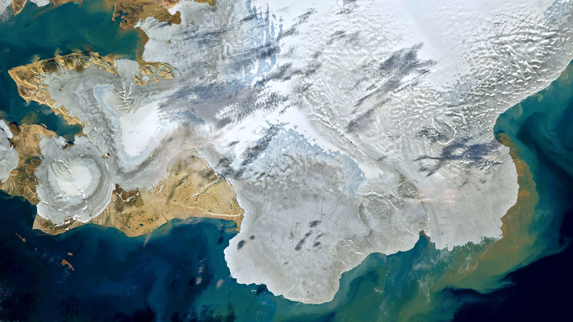 Satellite image of glaciers melting on Svalbard, Norway, in August 2022.