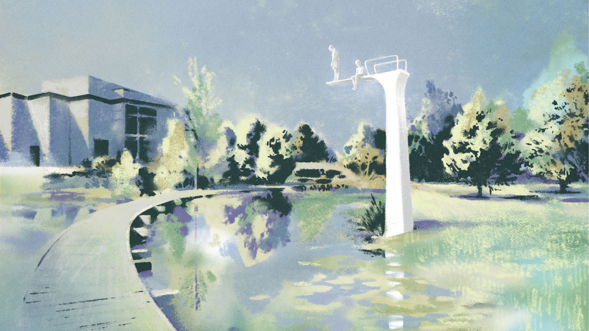 Rendering shows a high diving board with two children on it