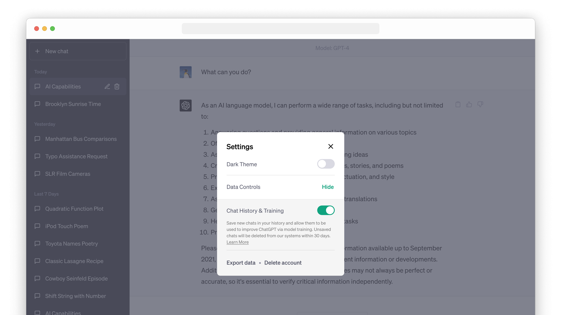A screenshot of OpenAi's new settings menu