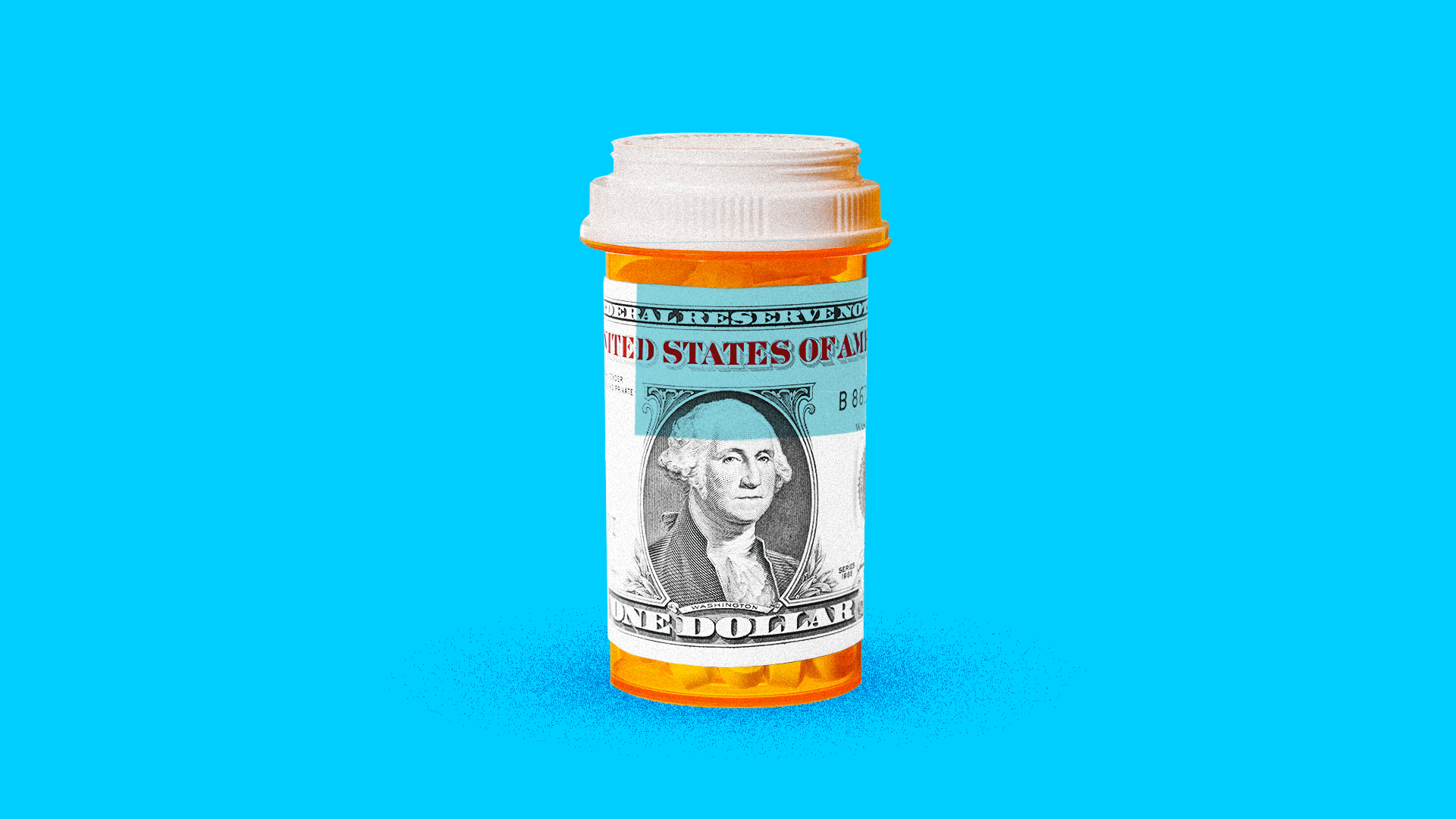 Illustration of a prescription pill bottle with a black and white dollar bill as the label