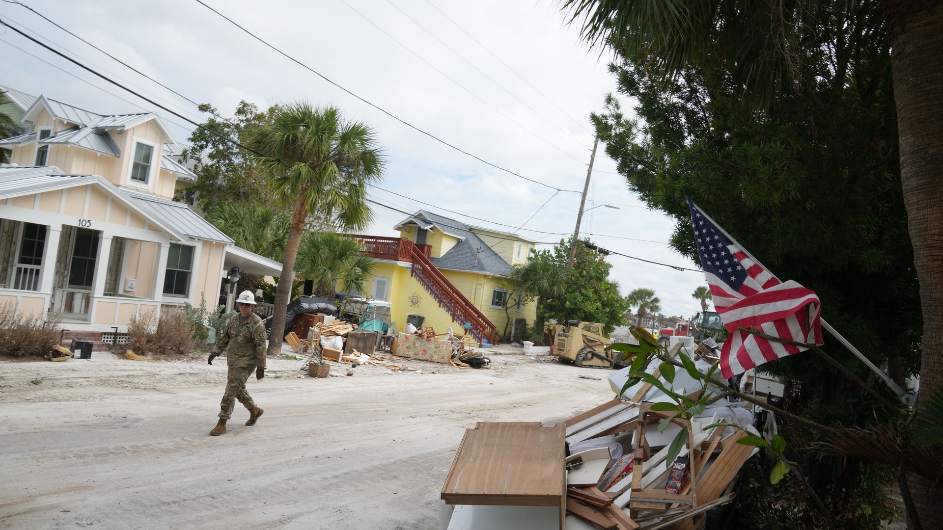 A member of the Florida Army National Guard during debris removal in the Pass-A-Grille section of St. Petersburg ahead of Hurricane Milton's expected landfall in the middle of this week on October 7, 2024 in Florida. Florida's governor has declared a state of emergency on Saturday as forecasters war
