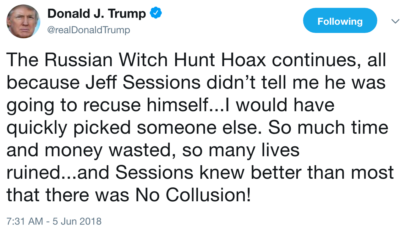 Trump Blames Russia Witch Hunt Hoax On Jeff Sessions Russia Probe Recusal 7264
