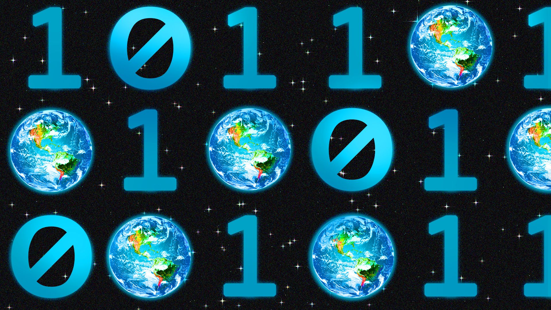 Illustration of binary code with some zeroes replaced by planet Earth images, all placed on a starry space background.