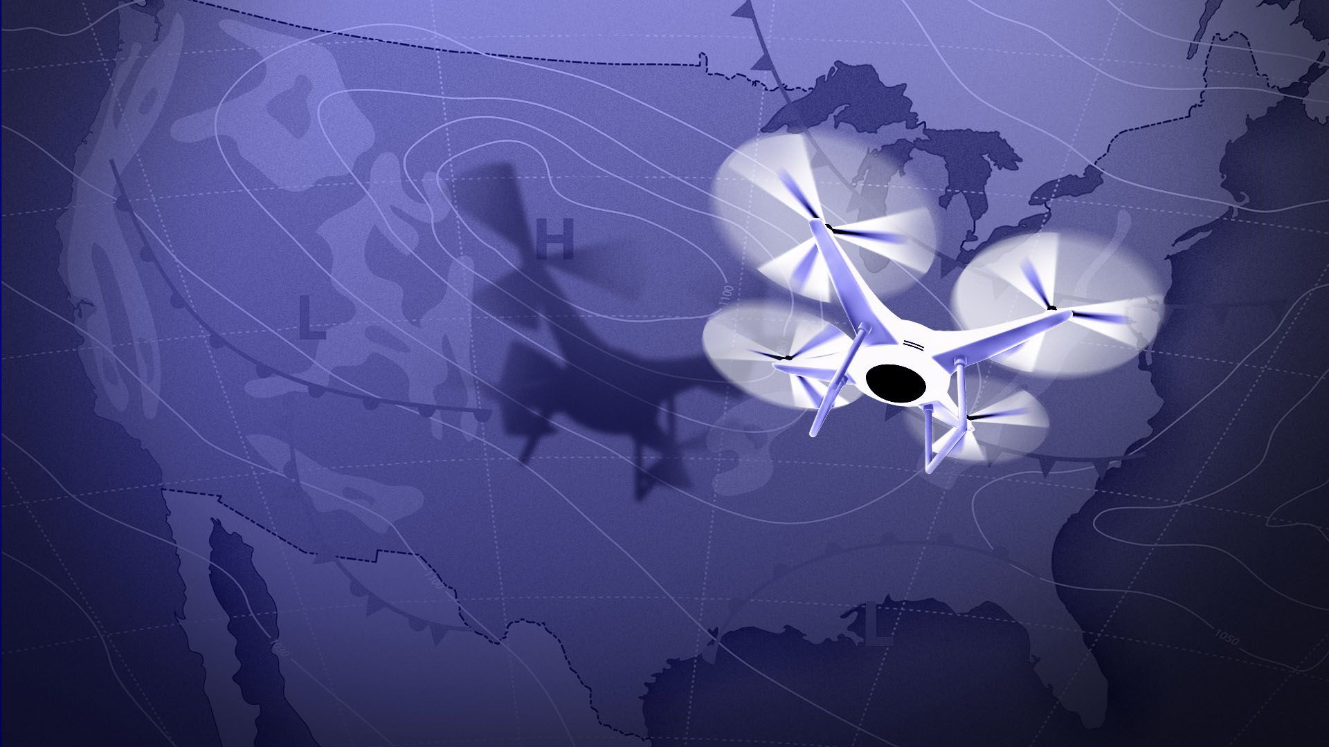Illustration of a drone in front of a tv weather map