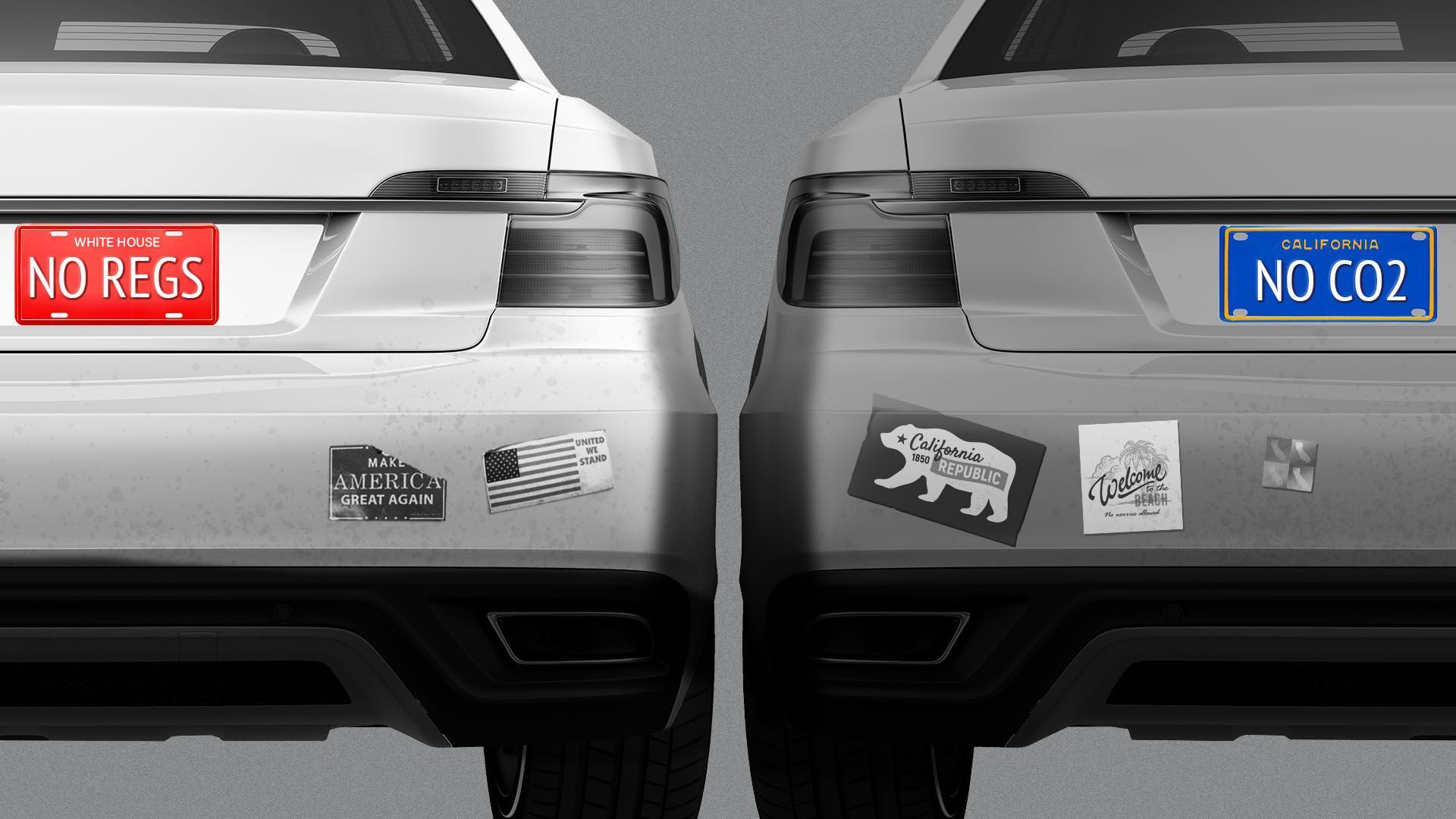 Illustration of two cars with varying bumper stickers arguing for or against carbon emissions and mileage rules