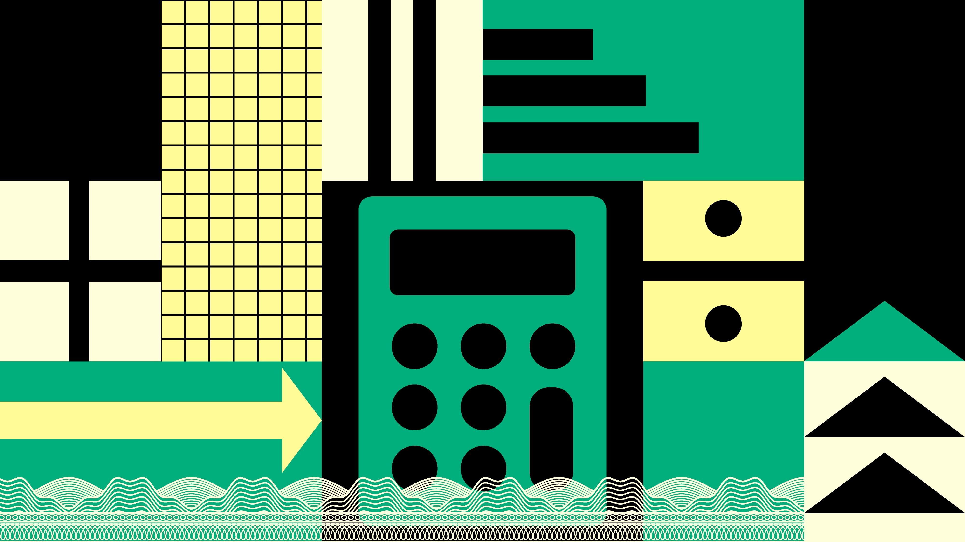 Illustration of a calculator, arrows, math symbols, and abstract patterns in a grid.