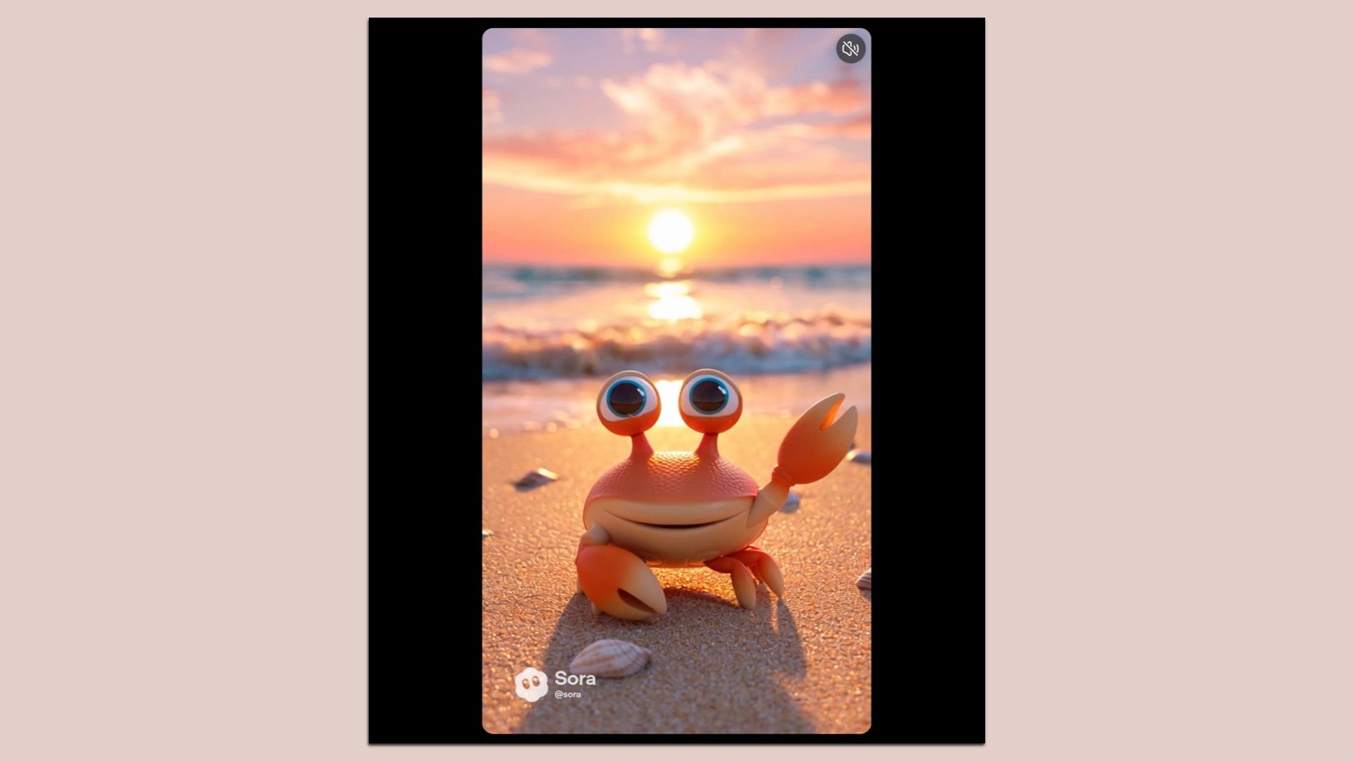 Orange cartoon crab with big eyes sits on a sunlit beach at sunset, waving its claw. Calm waves roll in behind, shells on the sand, and a small watermark in the bottom corner.