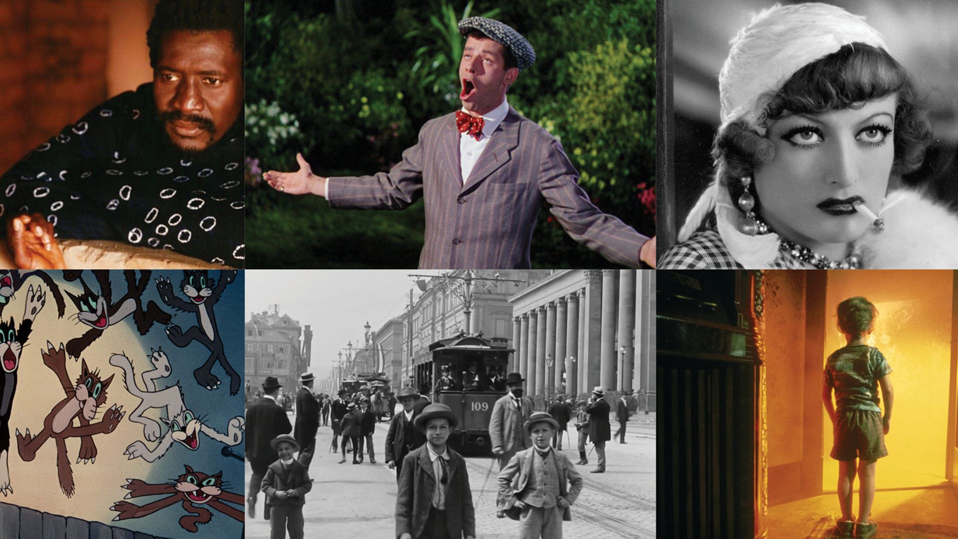A collage of six images: two people smiling, a man singing outdoors, a black-and-white portrait of a woman smoking, animated cats jumping, a vintage city street scene with boys, and a child standing in a glowing doorway.