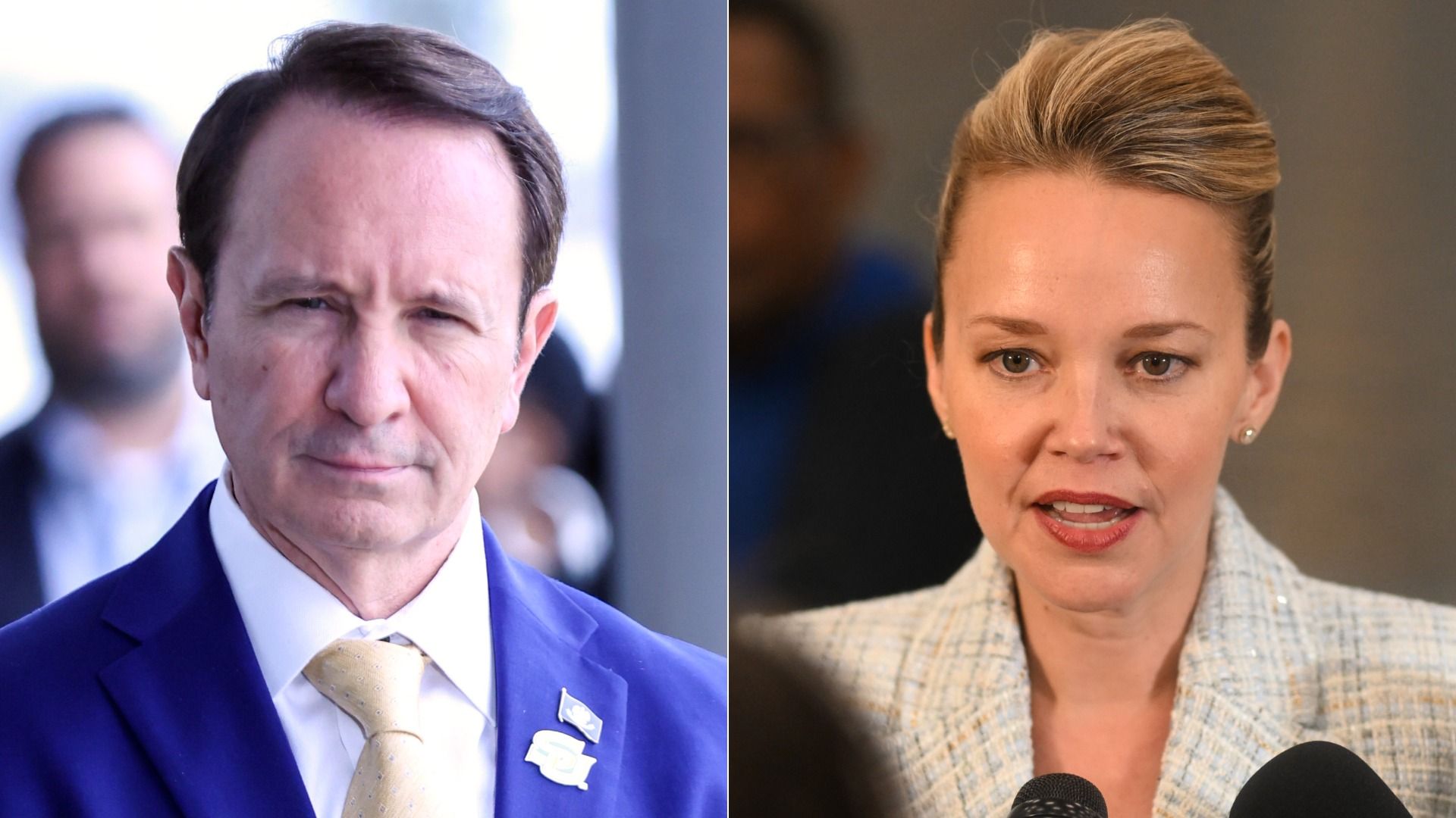 Image shows two headshots. The one of the left is of Gov. Jeff Landry. The one of the right is of Helena Moreno, mayor of New Orleans.