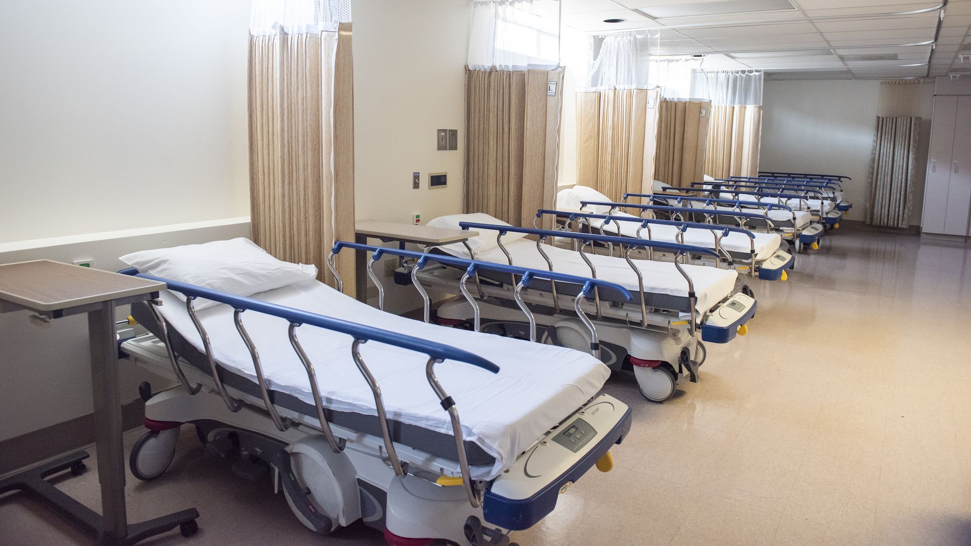 Empty beds in a hospital emergency room.