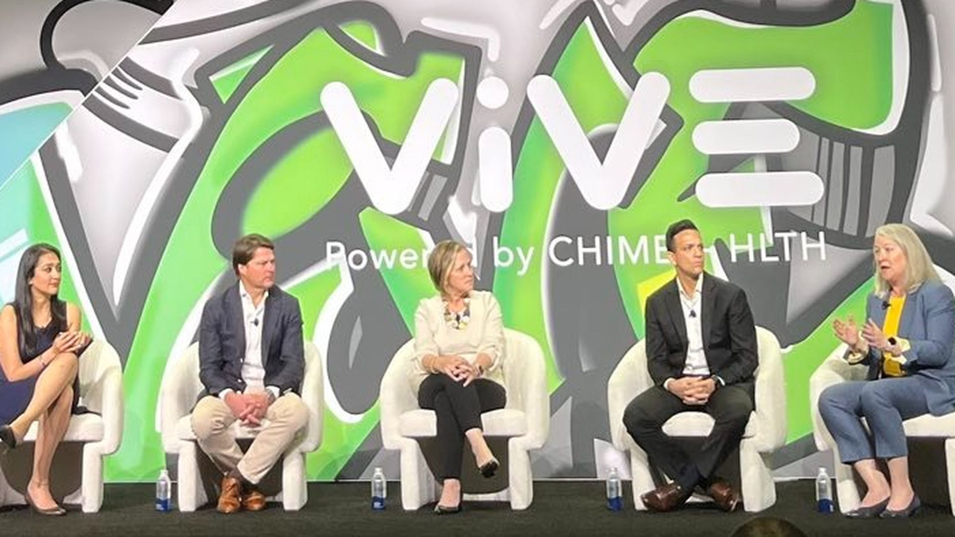 Panelists on a panel about GLP-1s at ViVE 2024. From left to right: Yahoo Finance reporter Anjalee Khemlani, Vida Health's Joe Murad, Amwell's Cynthia Horner, Amazon's Vin Gupta, and Knownwell's Angela Fitch.