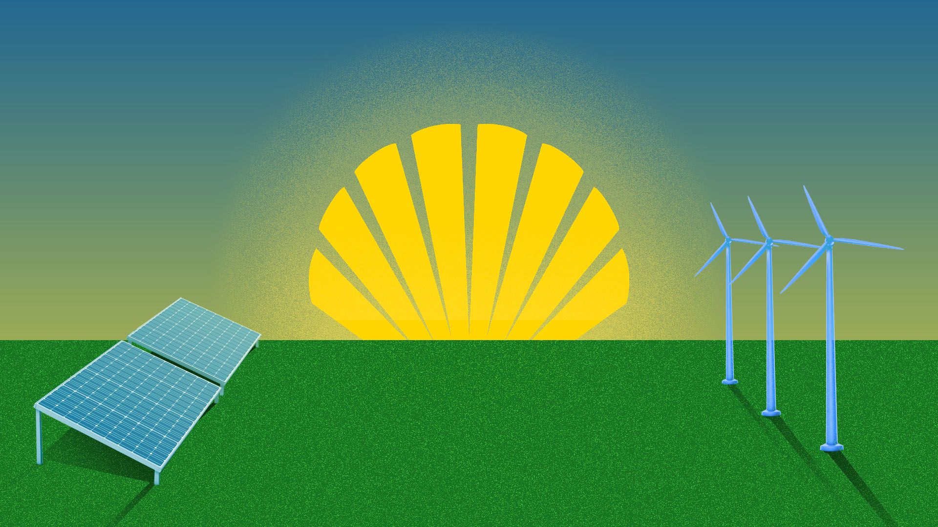 Illustration of the Shell logo as the sun rising over windmills and solar panels