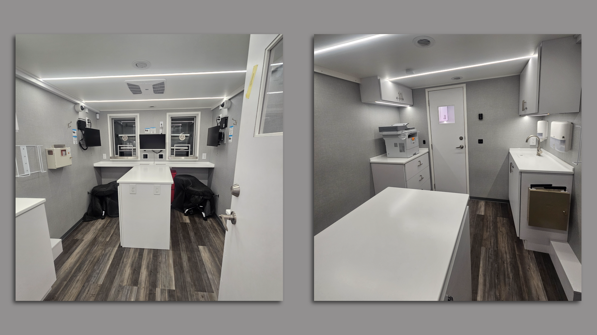 Two side-by-side images show the interior of a mobile medical unit with a clean, modern design. The left image features a workspace with a central white counter, two service windows, wall-mounted monitors, and medical equipment. The right image highlights a sink, storage cabinets, a printer, and add