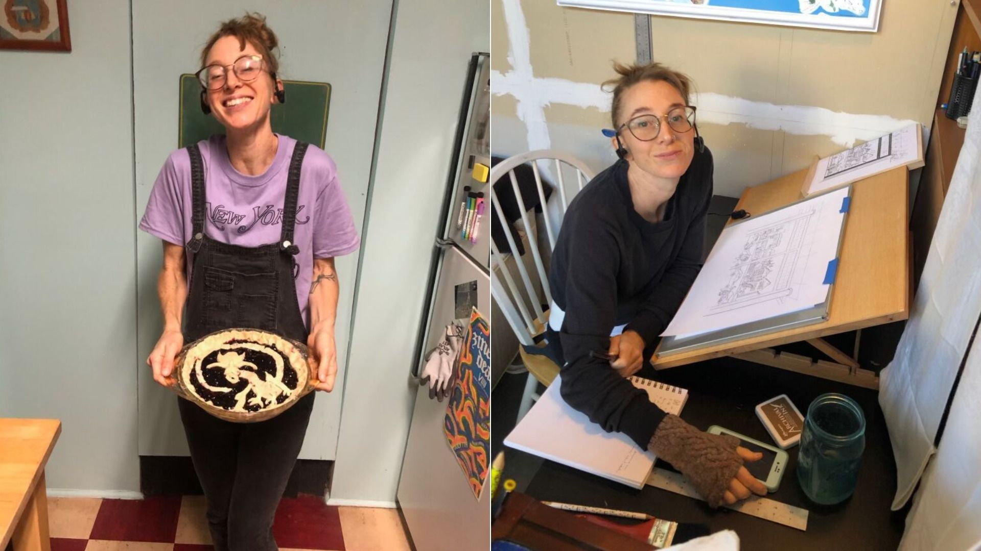 A photo of a woman wearing overalls and a purple shirt holding a pie next to a photo of that woman sitting at a drafting desk.