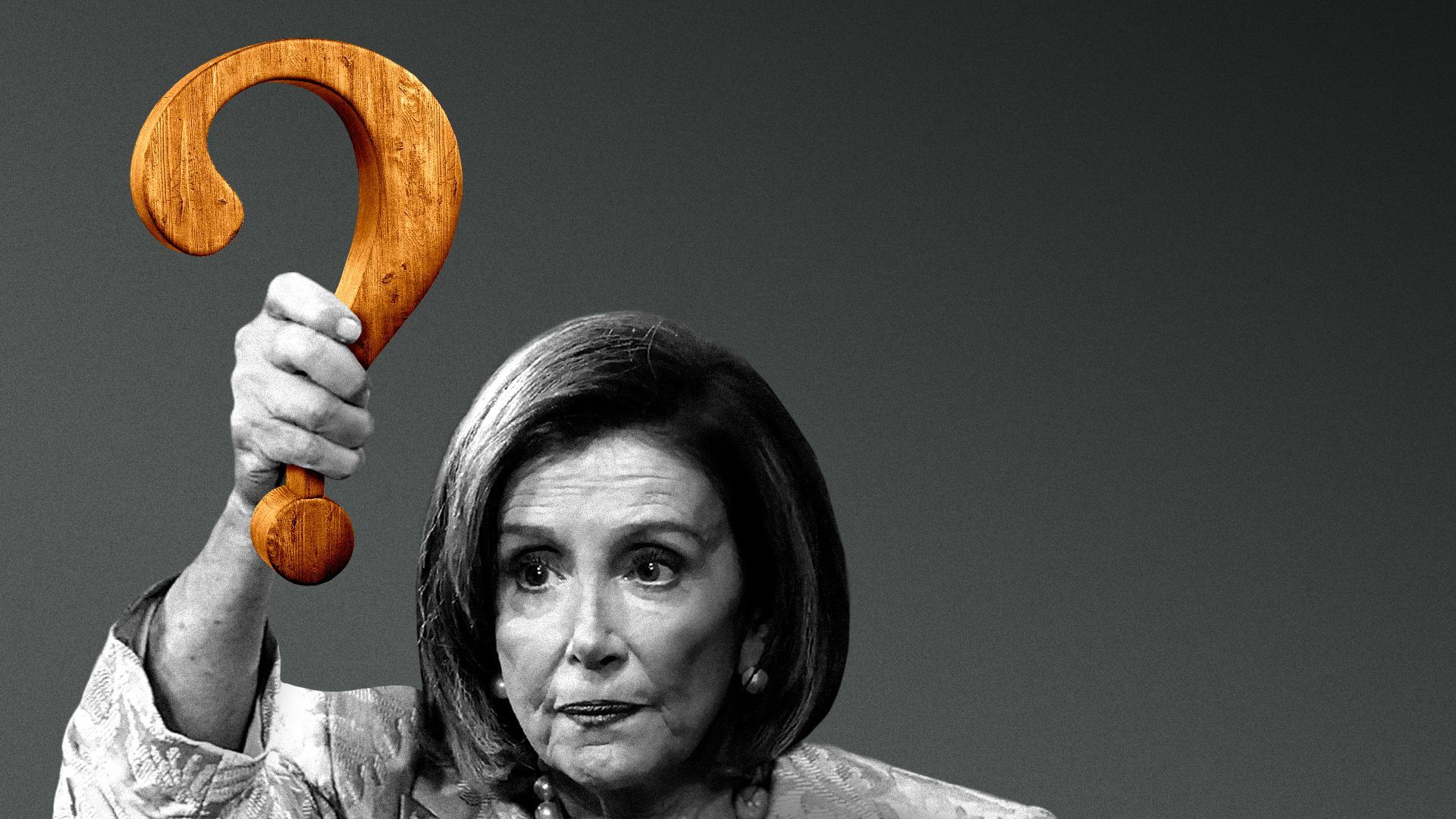 Photo illustration of Nancy Pelosi raising a wooden question mark.