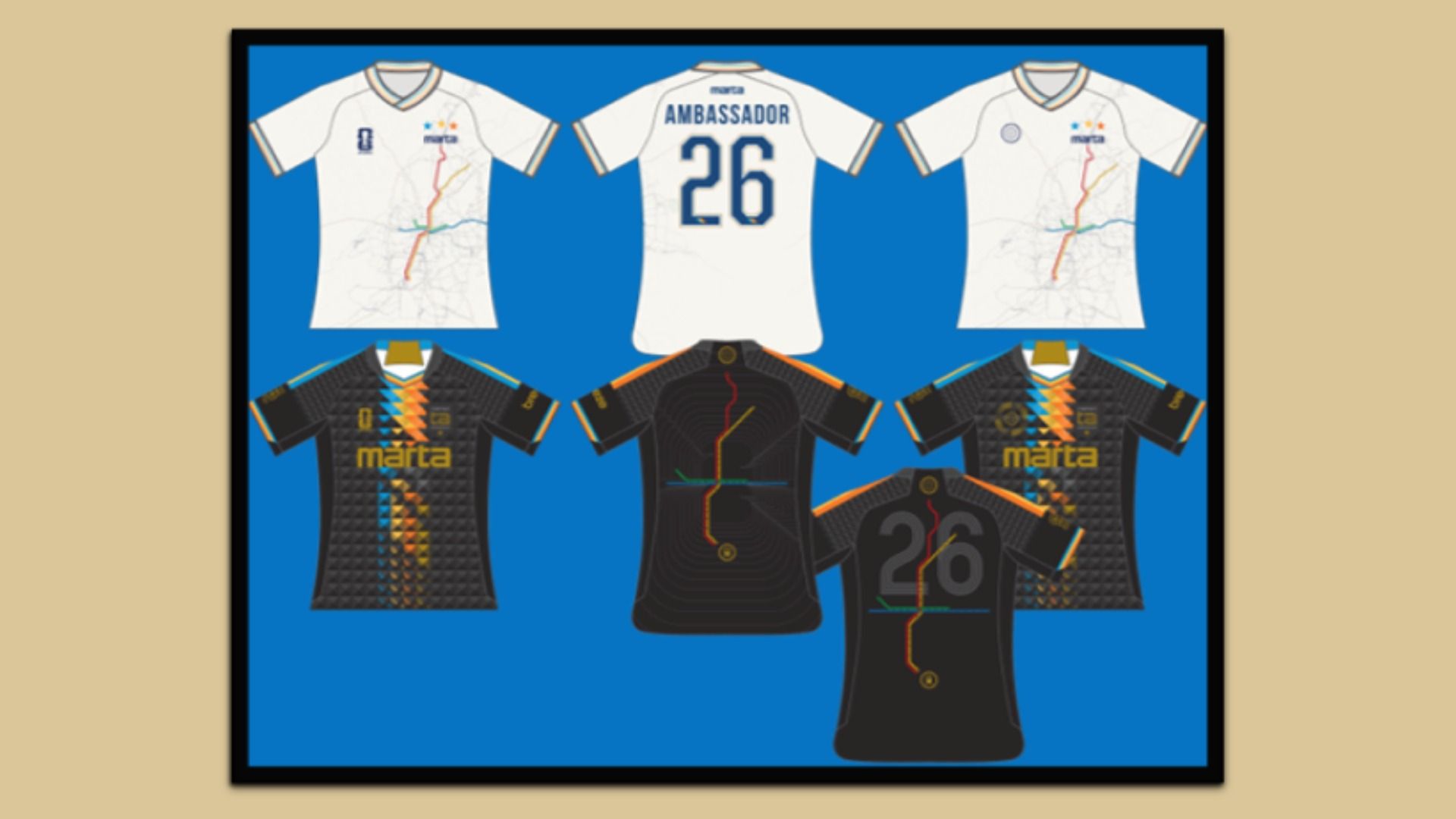Six cycling jerseys displayed on a blue background: three white tops with map patterns (one shows "AMBASSADOR" 26) and three dark, patterned jerseys with orange and teal accents and "marta" branding.