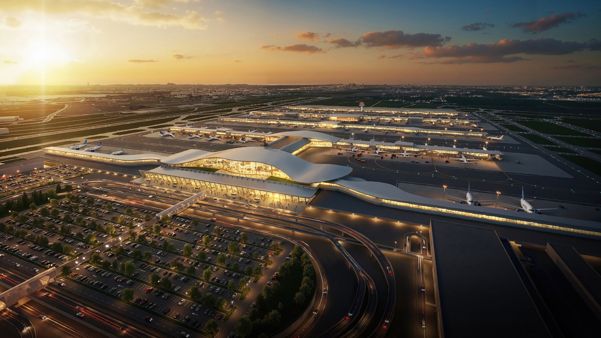 Sunset over a futuristic airport with curved white terminals, many airplanes at gates, illuminated runways, and a busy parking lot in the foreground.