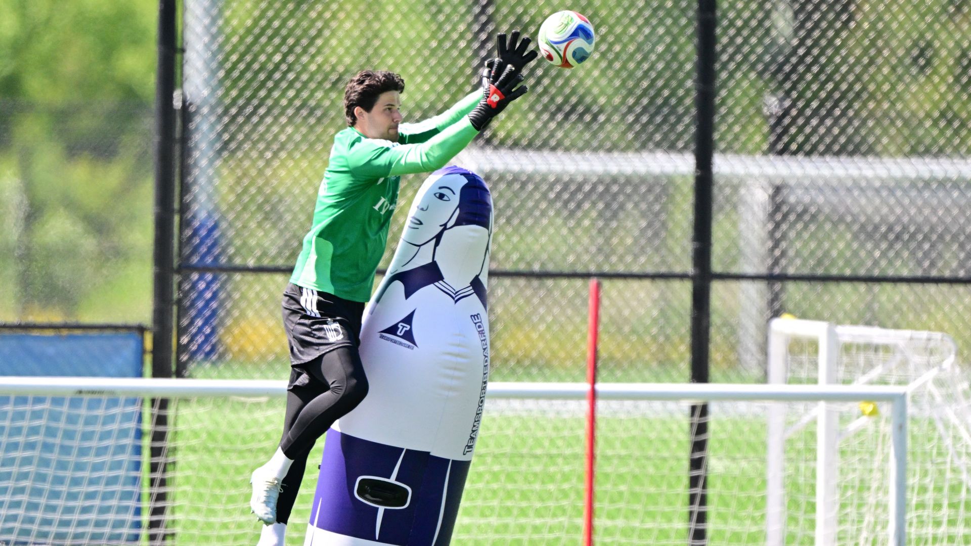 A goaltender in green leaps for the ball.