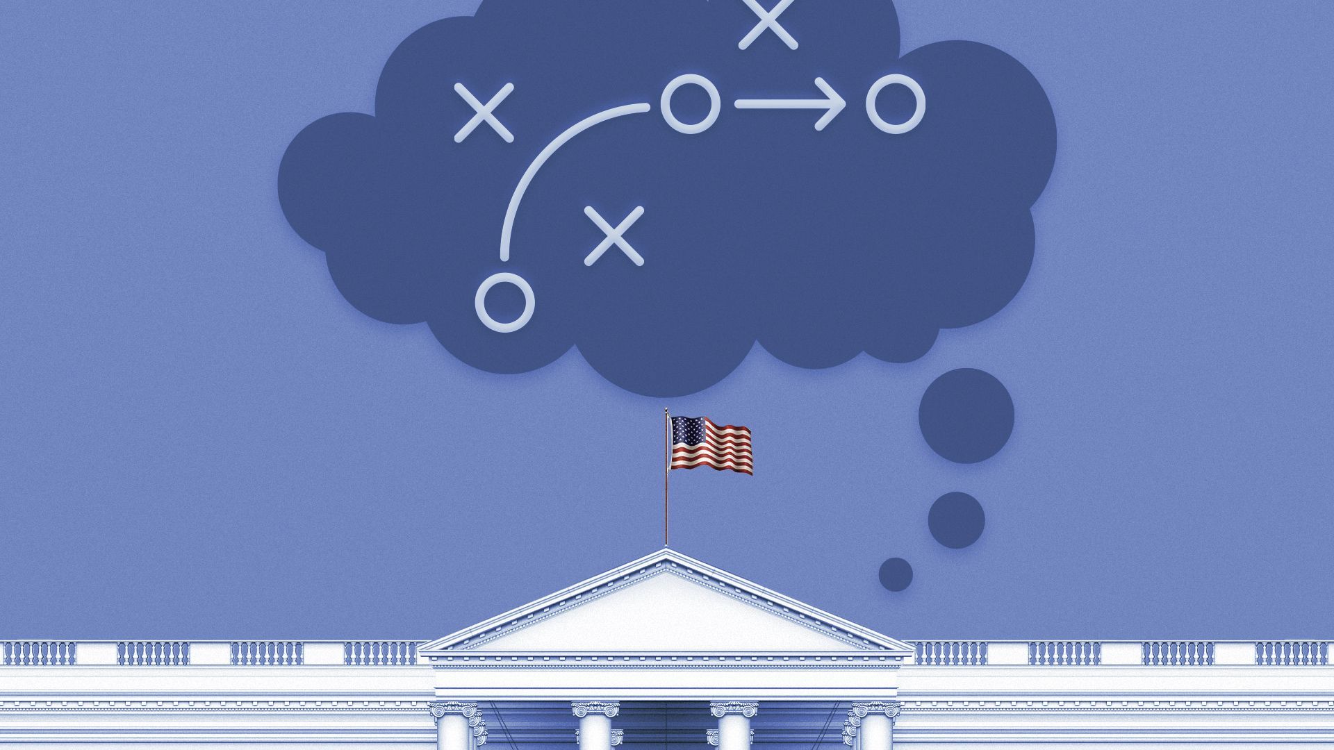 Illustration of the White House with a game strategy diagram in a thought bubble.
