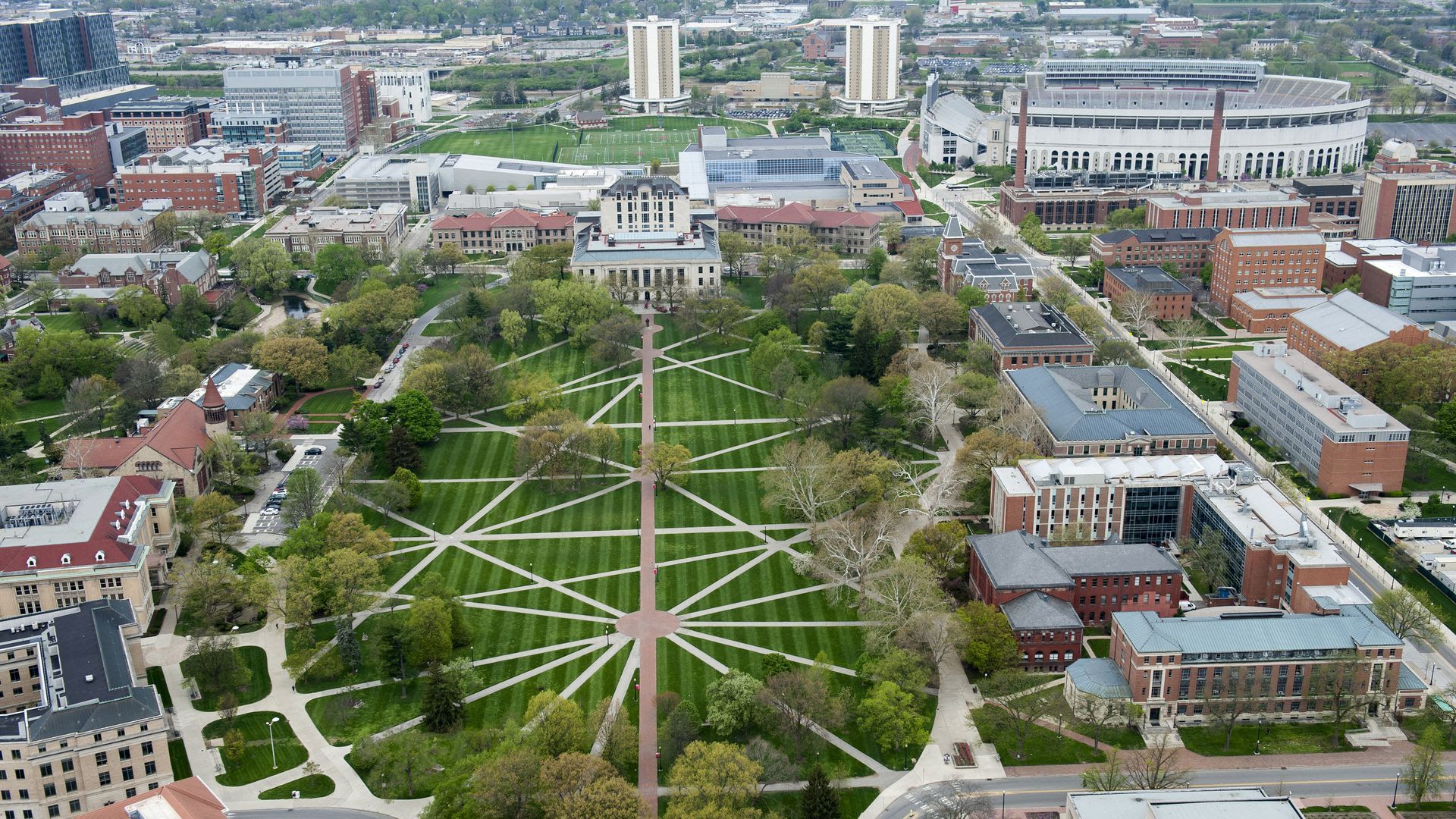 A view from above the Oval on Ohio State University's campus.