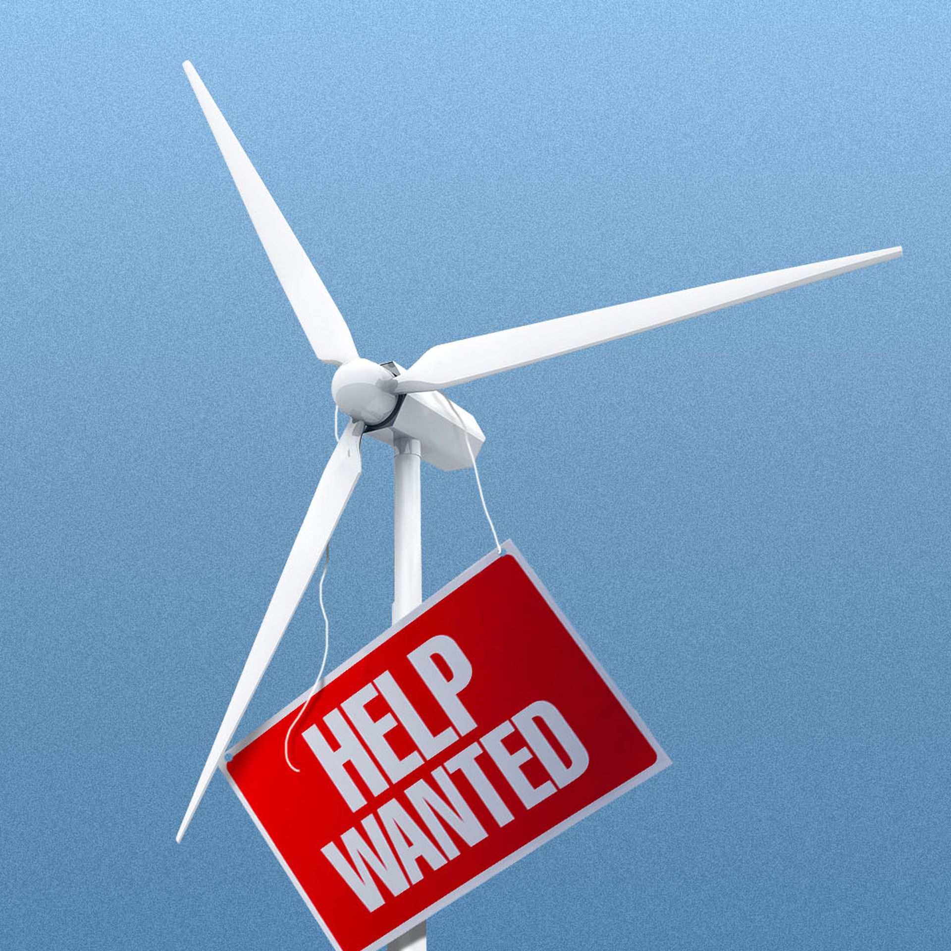 Illustration of a wind turbine with a help wanted sign falling off it