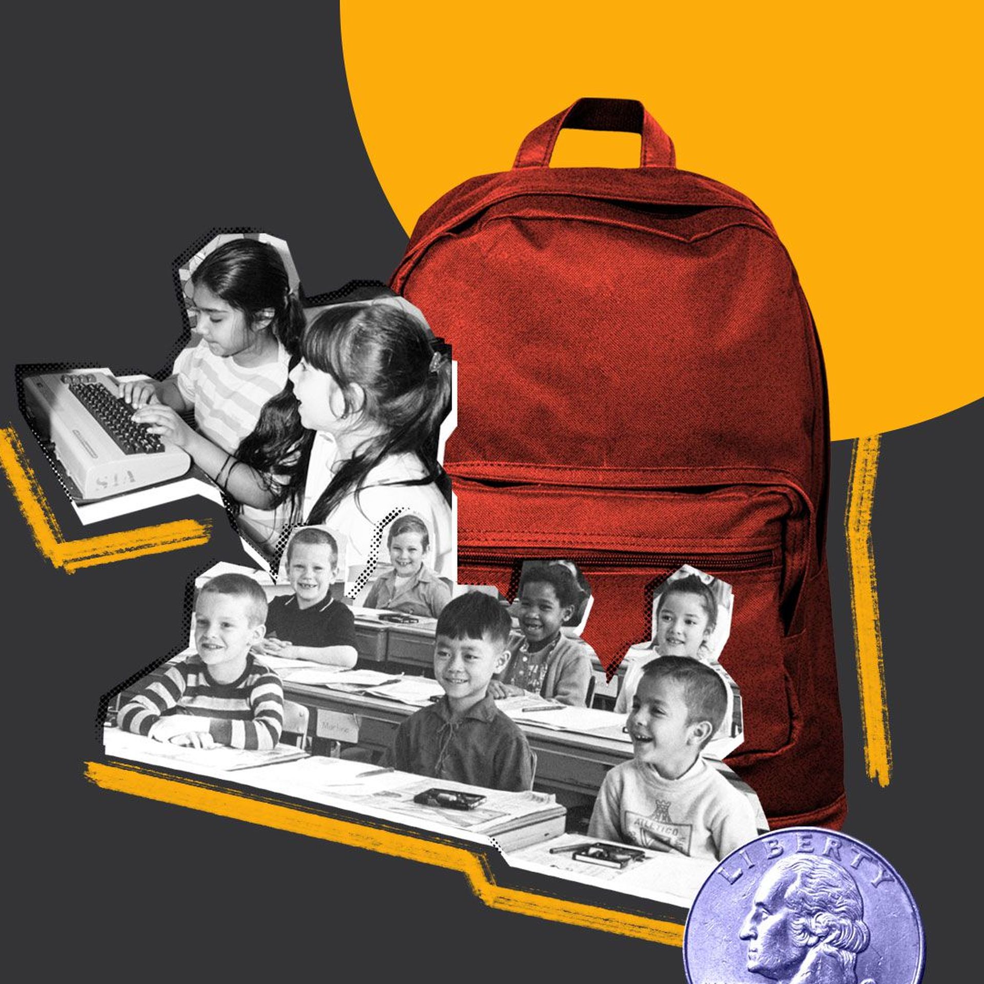 Photo illustration of children on a vintage computer keyboard, students smiling as their desks, and a quarter