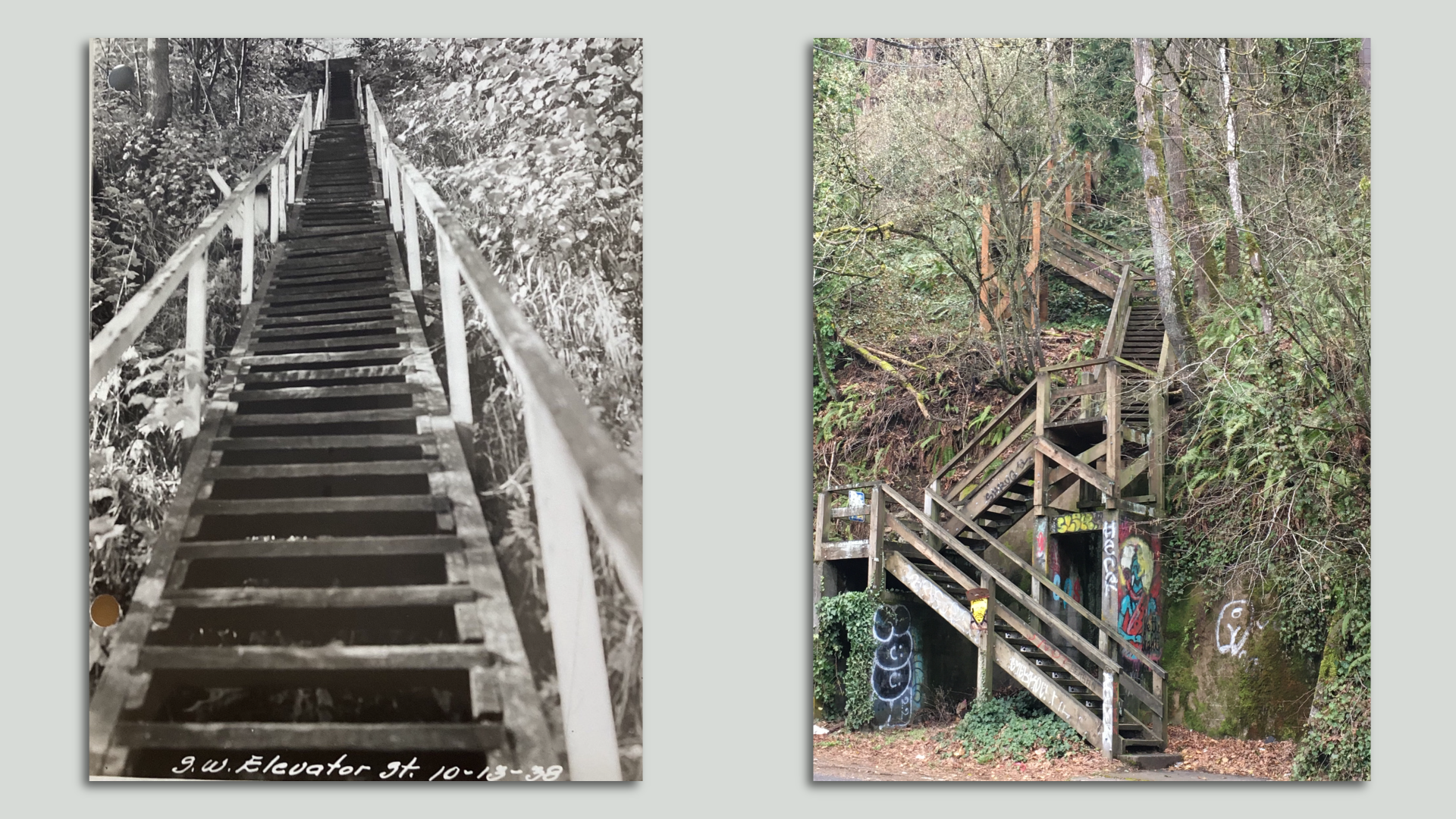 A black and white archival picture of a set of wooden stairs going straight up a steep hill next to a color photo of newer wooden steps on the same slope, with multiple turns and landings.